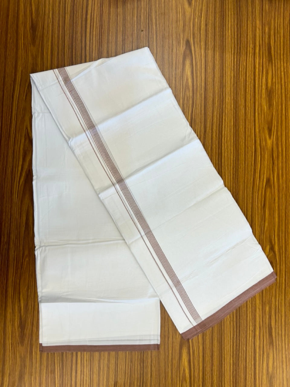 20% Discount ! Kaitharikada Balaramapuram 100% Cotton Pure White Double Mundu/Dothi - 100x80 - 0.5 inch Dark Brown Cream Striped Kara 3.90 mtr (8 muzham) - 68 KK5285 VAS