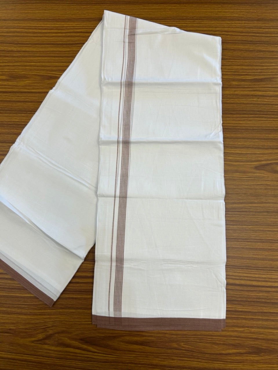20% Discount ! Kaitharikada Balaramapuram 100% Cotton Pure White Double Mundu/Dothi - 100x80 - 0.5 inch Dark Brown Cream Striped Kara 3.90 mtr (8 muzham) - 68 KK5285 VAS