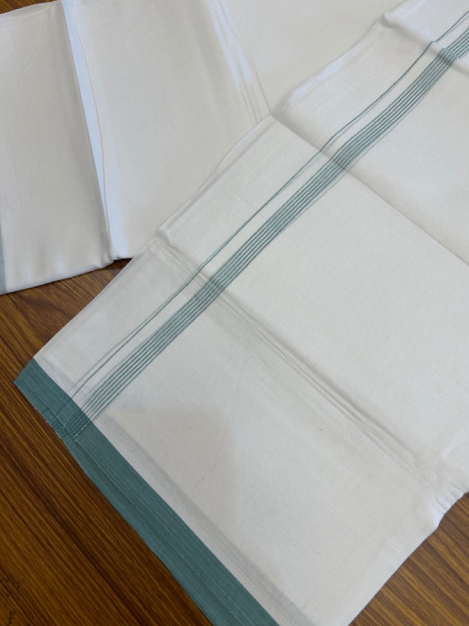 20% Discount ! Kaitharikada Balaramapuram 100% Cotton Pure White Double Mundu/Dothi - 100x80 - 0.5 inch Blue Green Striped Kara 3.90 mtr (8 muzham) - 70 KK5285 VAS