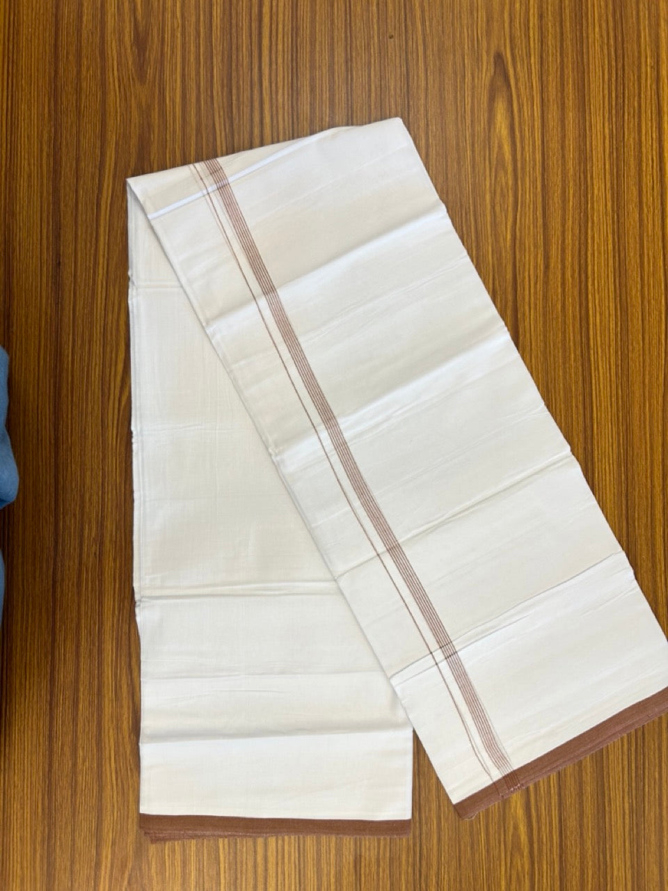 20% Discount ! Kaitharikada Balaramapuram 100% Cotton Pure White Double Mundu/Dothi - 100x80 - 0.5 inch Brick Brown Striped Kara 3.90 mtr (8 muzham) - 69 KK5285 VAS