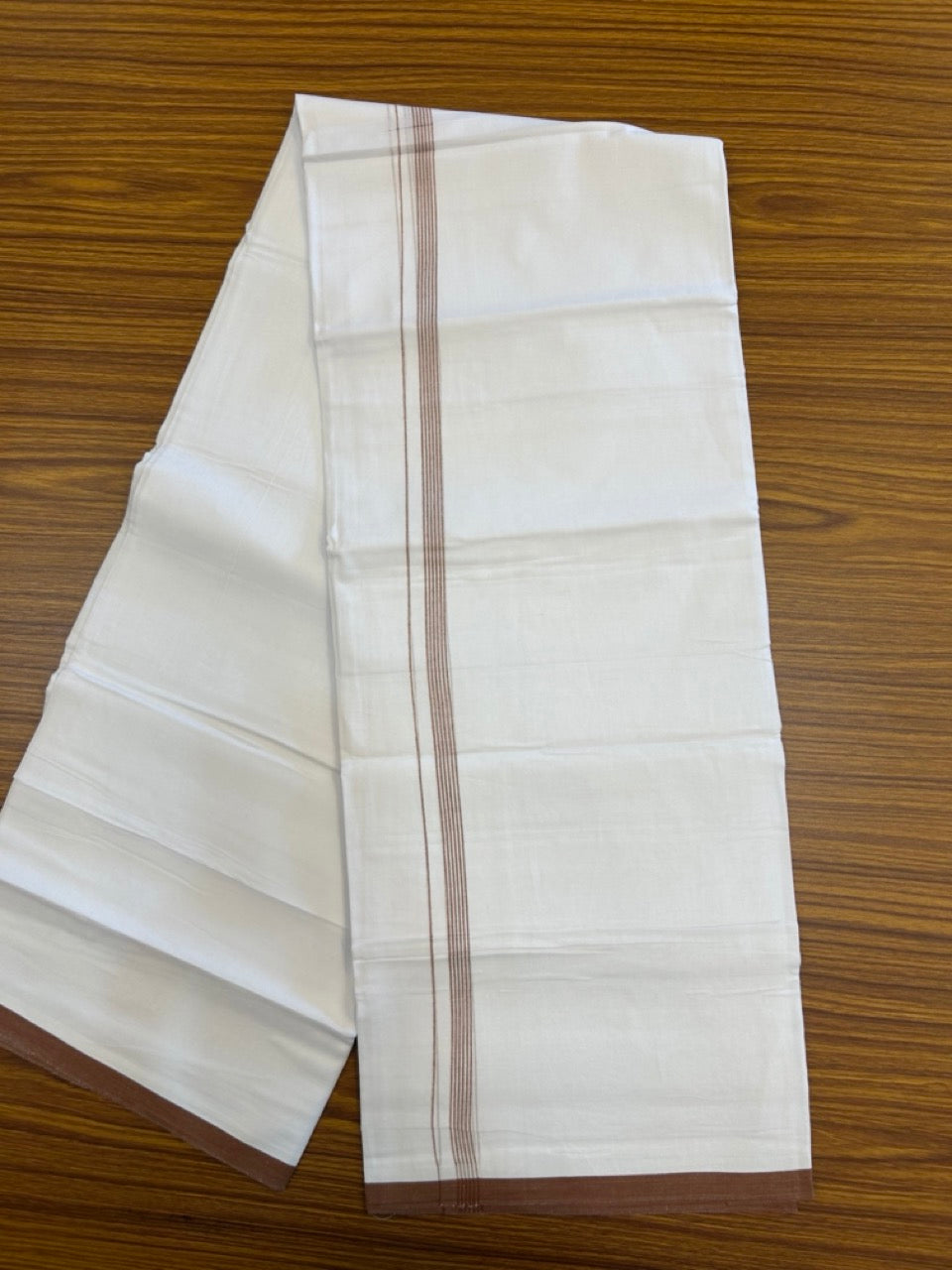 20% Discount ! Kaitharikada Balaramapuram 100% Cotton Pure White Double Mundu/Dothi - 100x80 - 0.5 inch Brick Brown Striped Kara 3.90 mtr (8 muzham) - 69 KK5285 VAS
