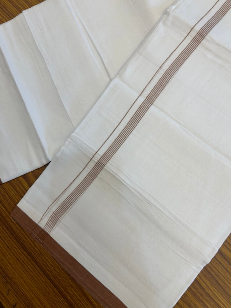 20% Discount ! Kaitharikada Balaramapuram 100% Cotton Pure White Double Mundu/Dothi - 100x80 - 0.5 inch Brick Brown Striped Kara 3.90 mtr (8 muzham) - 69 KK5285 VAS