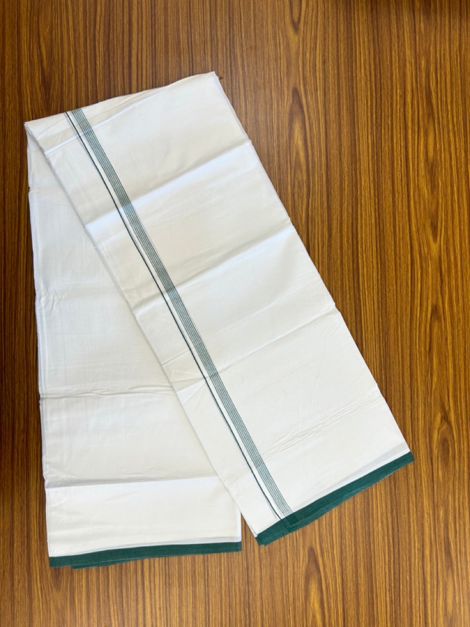 20% Discount ! Kaitharikada Balaramapuram 100% Cotton Pure White Double Mundu/Dothi - 100x80 - 0.5 inch Green Striped Kara 3.90 mtr (8 muzham) - 71 KK5285 VAS