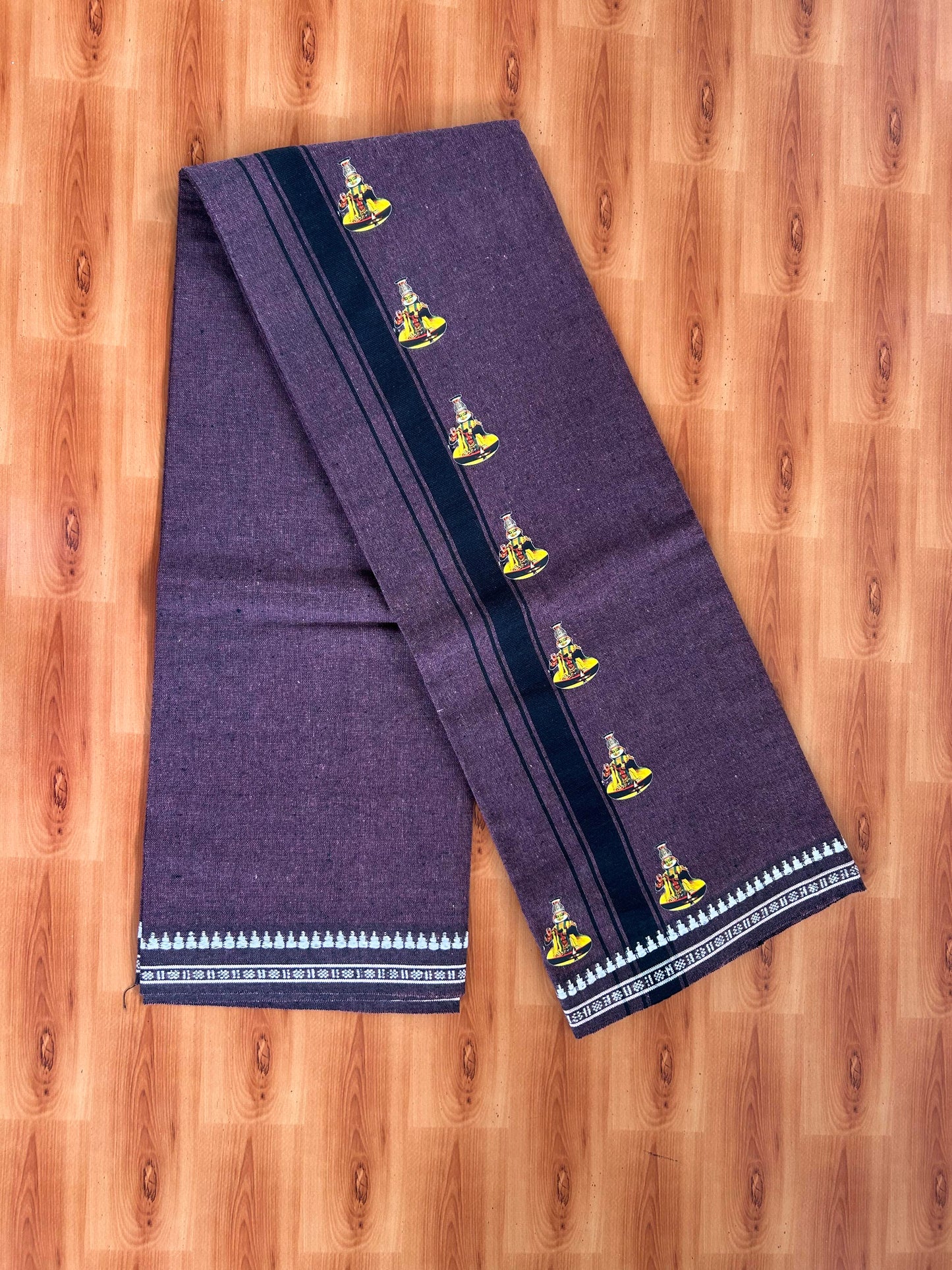 Single Kaily / Lungi - Mixed Cotton - 40s twisted - Kathakali Design Printed Kuppadam 1.75 inch Black Stripes Kara with Crimson Blush Red + Black Colour Body (2 meter / 4 muzham) - 26 KK5423 GAN