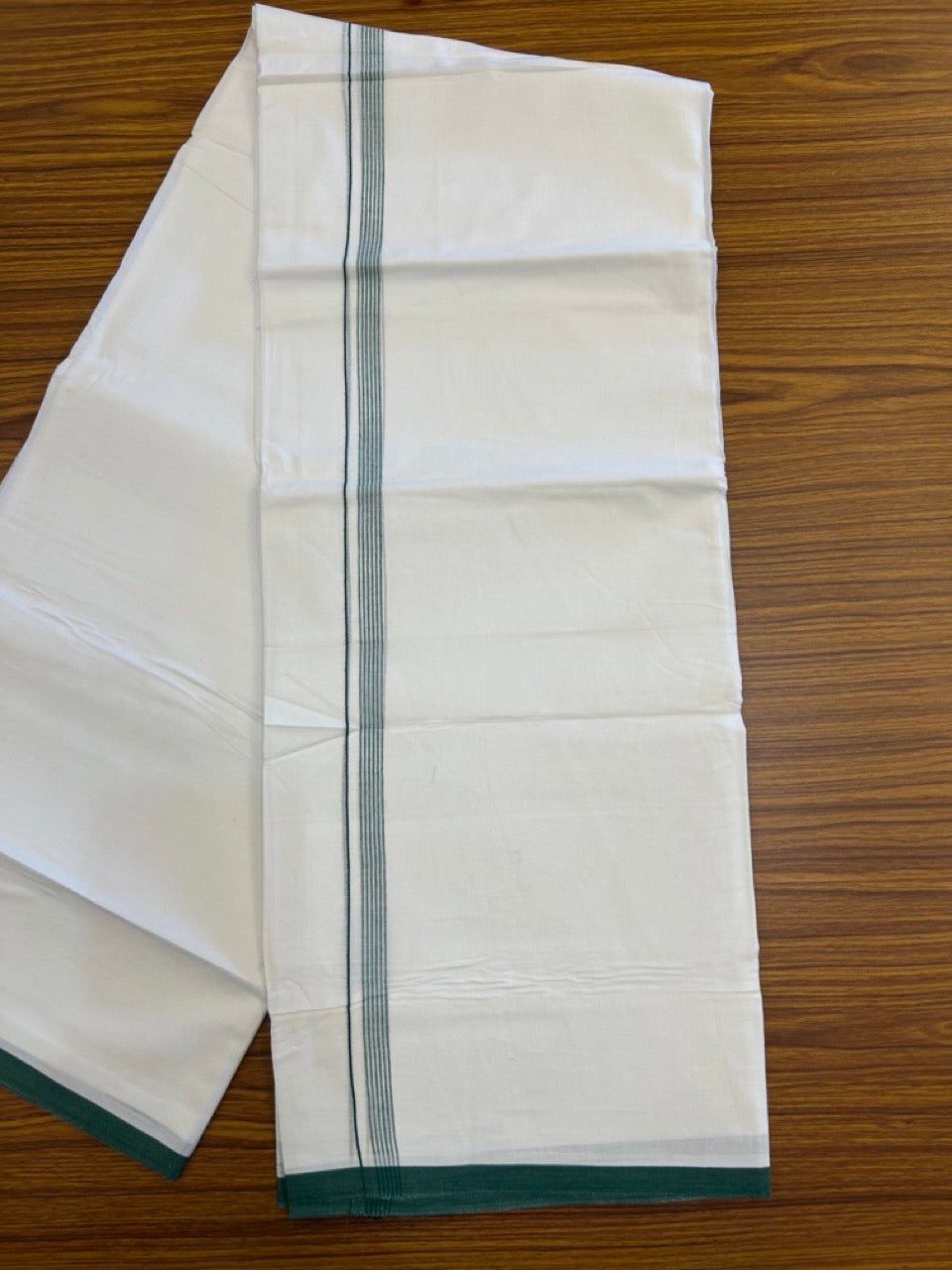 20% Discount ! Kaitharikada Balaramapuram 100% Cotton Pure White Double Mundu/Dothi - 100x80 - 0.5 inch Green Striped Kara 3.90 mtr (8 muzham) - 71 KK5285 VAS