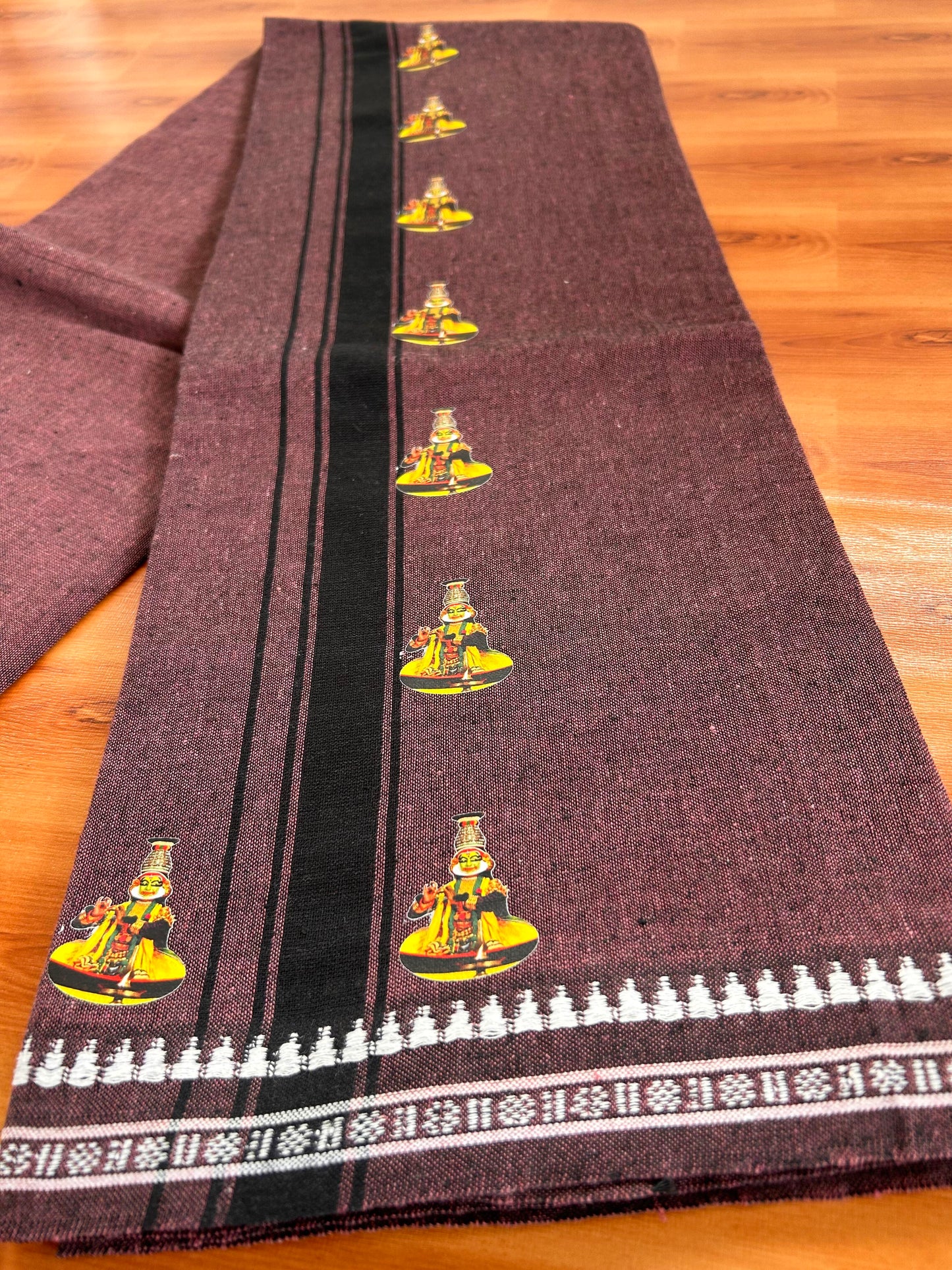 Single Kaily / Lungi - Mixed Cotton - 40s twisted - Kathakali Design Printed Kuppadam 1.75 inch Black Stripes Kara with Crimson Blush Red + Black Colour Body (2 meter / 4 muzham) - 26 KK5423 GAN