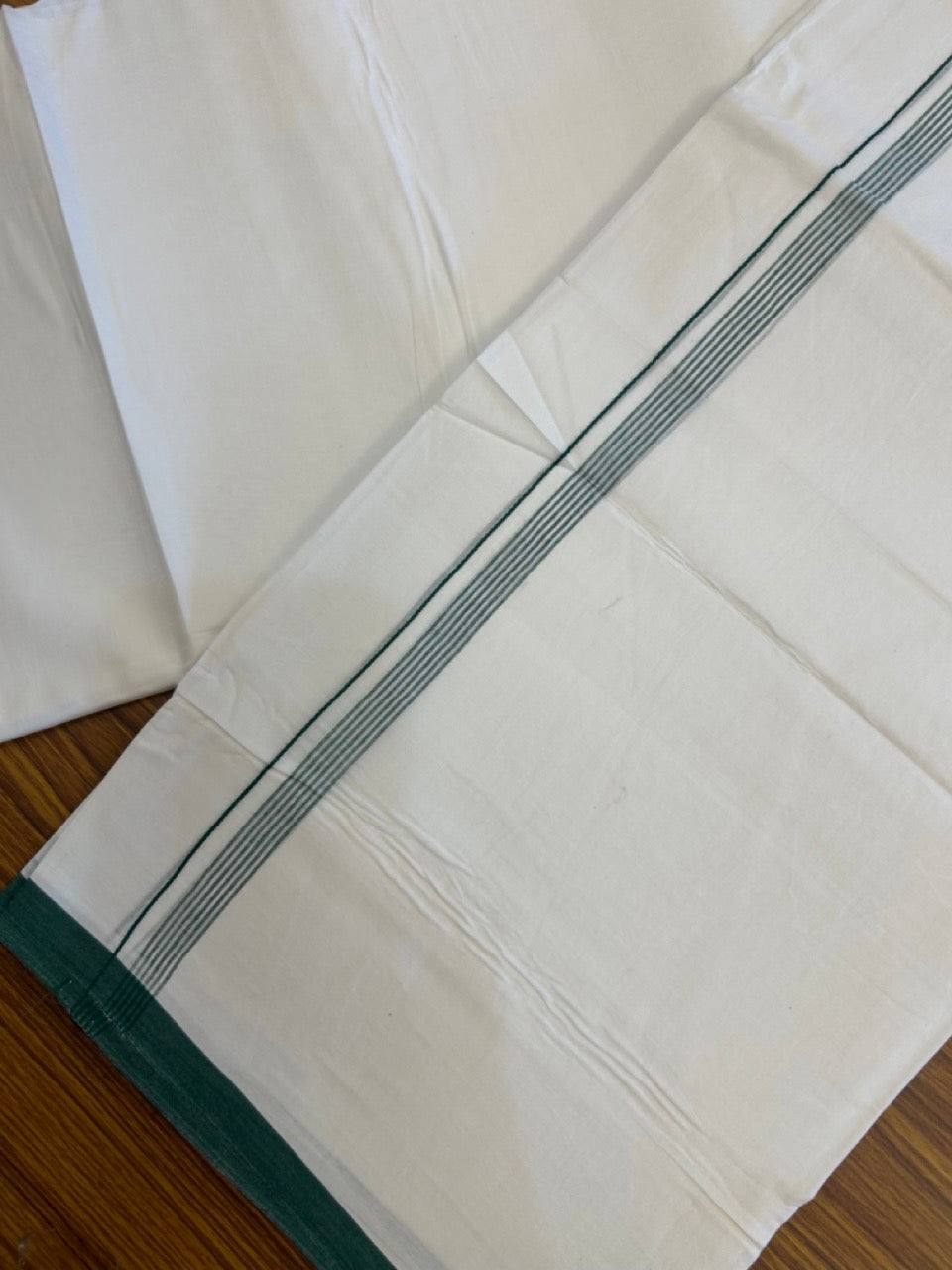 20% Discount ! Kaitharikada Balaramapuram 100% Cotton Pure White Double Mundu/Dothi - 100x80 - 0.5 inch Green Striped Kara 3.90 mtr (8 muzham) - 71 KK5285 VAS