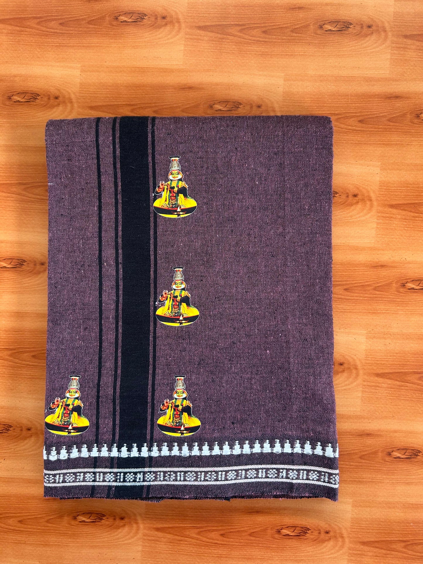 Single Kaily / Lungi - Mixed Cotton - 40s twisted - Kathakali Design Printed Kuppadam 1.75 inch Black Stripes Kara with Crimson Blush Red + Black Colour Body (2 meter / 4 muzham) - 26 KK5423 GAN