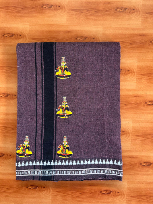 Single Kaily / Lungi - Mixed Cotton - 40s twisted - Kathakali Design Printed Kuppadam 1.75 inch Black Stripes Kara with Crimson Blush Red + Black Colour Body (2 meter / 4 muzham) - 26 KK5423 GAN