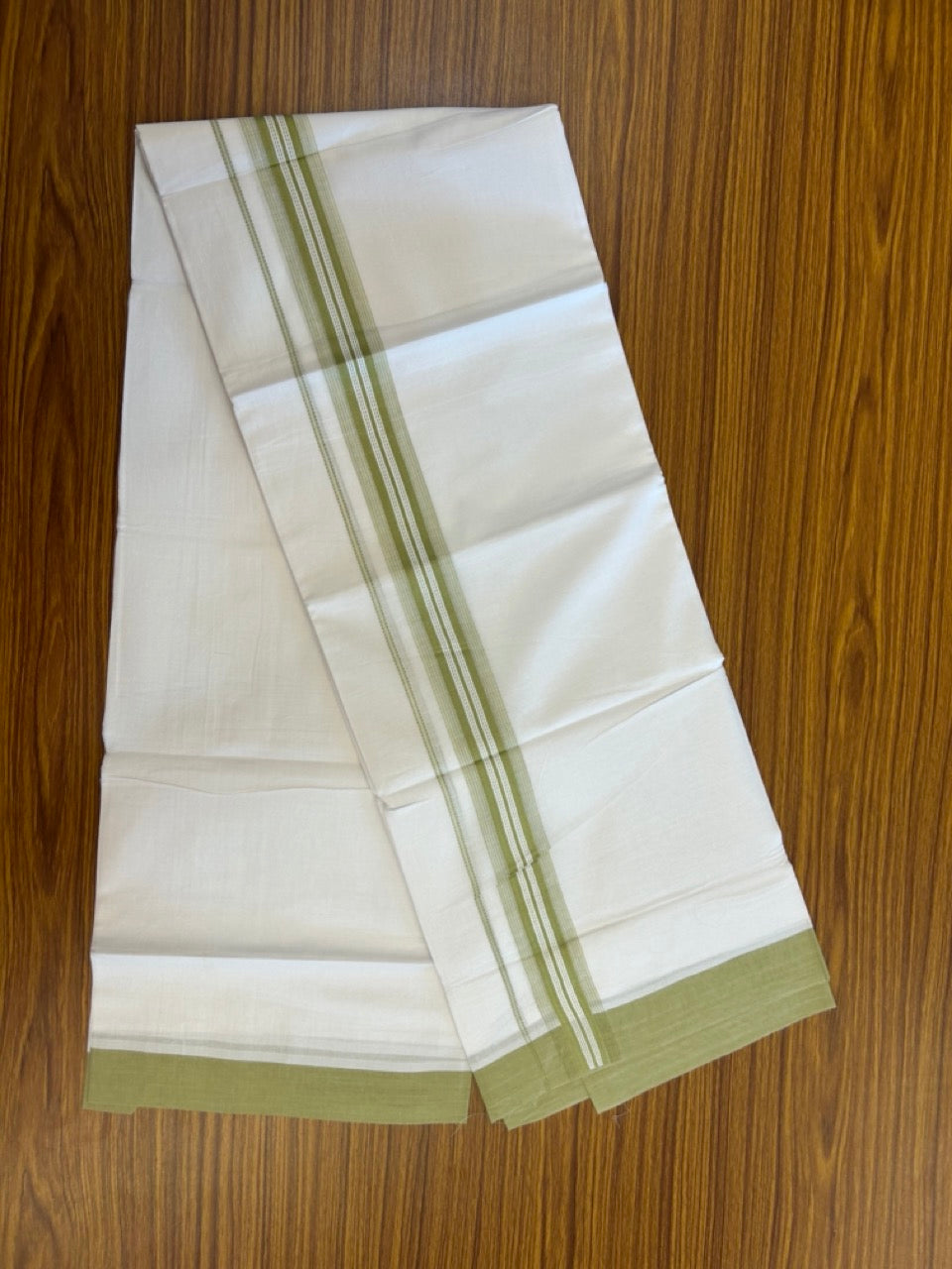 Kaitharikada Balaramapuram 100% Cotton Pure White Double Mundu/Dothi - 100x80 - 1.5 inch Light Parrot Green Shaded Striped Kara 3.90 mtr (8 muzham) - 42 KK5285 VAS
