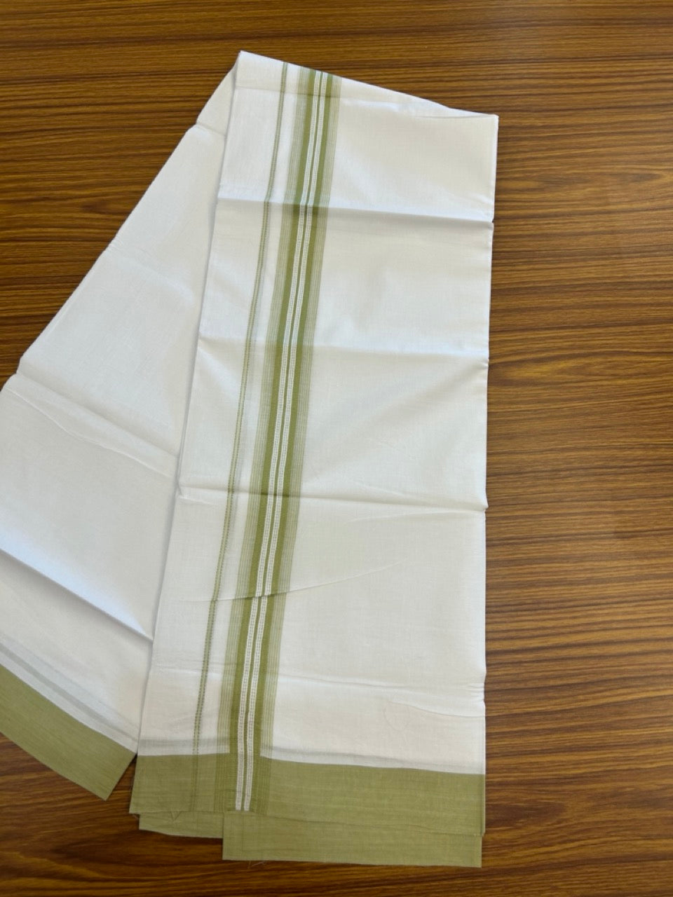 Kaitharikada Balaramapuram 100% Cotton Pure White Double Mundu/Dothi - 100x80 - 1.5 inch Light Parrot Green Shaded Striped Kara 3.90 mtr (8 muzham) - 42 KK5285 VAS