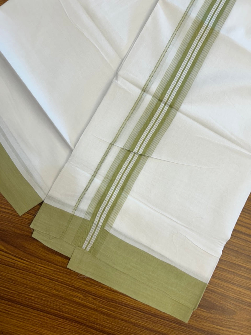Kaitharikada Balaramapuram 100% Cotton Pure White Double Mundu/Dothi - 100x80 - 1.5 inch Light Parrot Green Shaded Striped Kara 3.90 mtr (8 muzham) - 42 KK5285 VAS