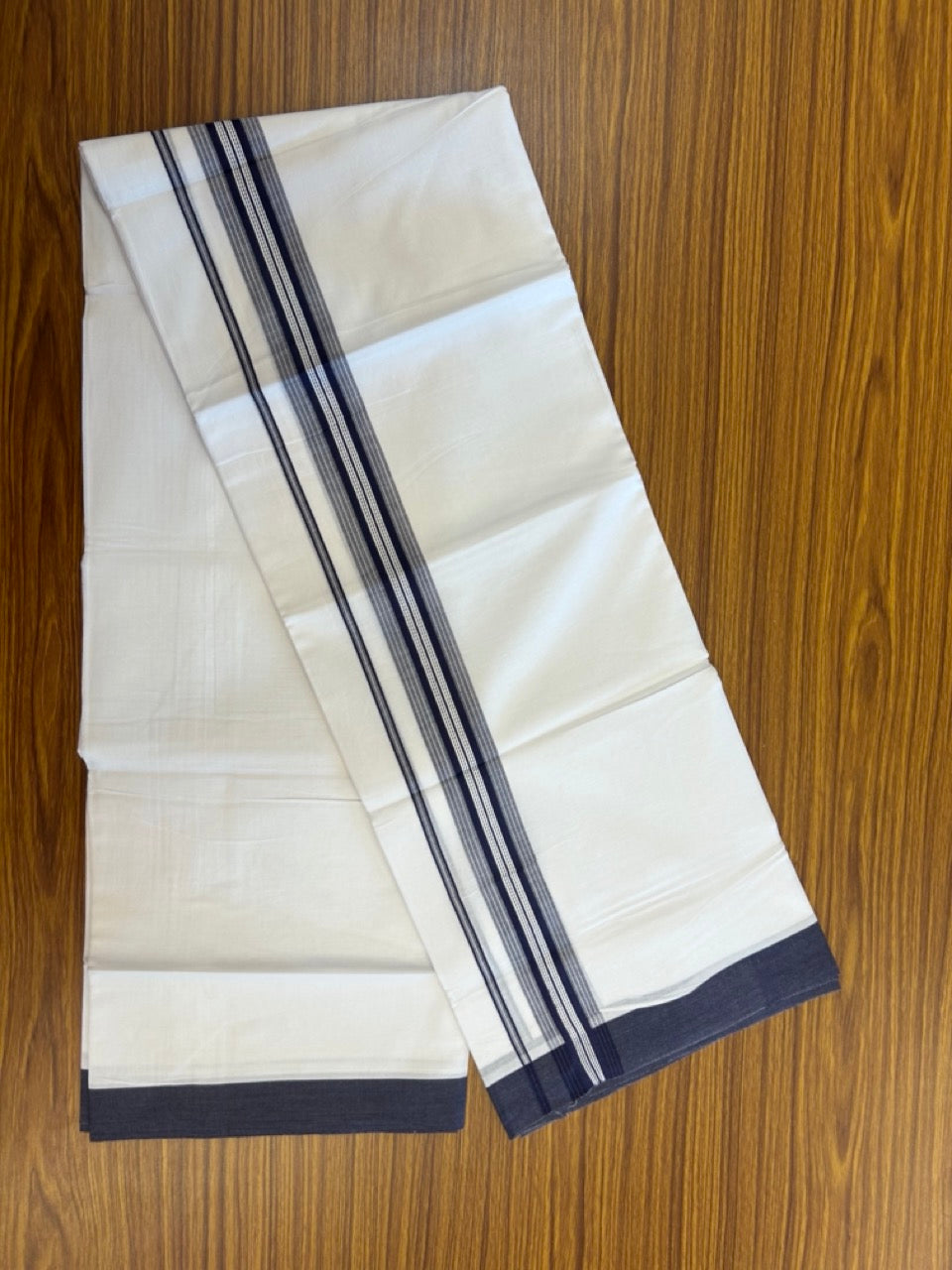 20% Discount ! Kaitharikada Balaramapuram 100% Cotton Pure White Double Mundu/Dothi - 100x80 - 1.5 inch Navy Blue Shaded Striped Kara 3.90 mtr (8 muzham) - 43 KK5285 VAS