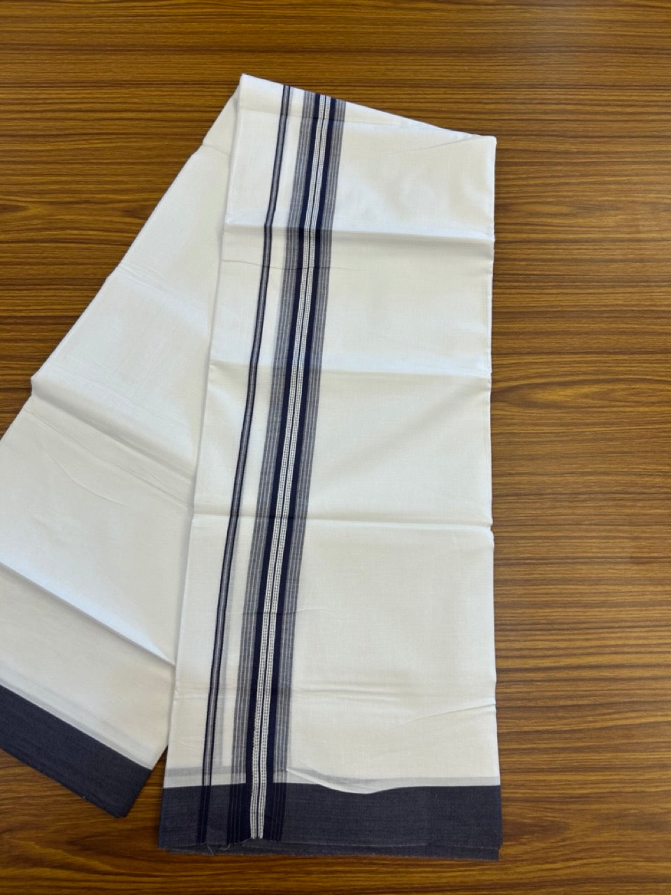 20% Discount ! Kaitharikada Balaramapuram 100% Cotton Pure White Double Mundu/Dothi - 100x80 - 1.5 inch Navy Blue Shaded Striped Kara 3.90 mtr (8 muzham) - 43 KK5285 VAS