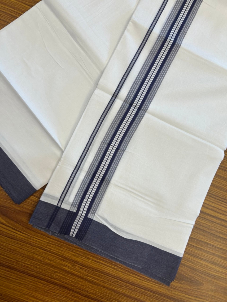 20% Discount ! Kaitharikada Balaramapuram 100% Cotton Pure White Double Mundu/Dothi - 100x80 - 1.5 inch Navy Blue Shaded Striped Kara 3.90 mtr (8 muzham) - 43 KK5285 VAS