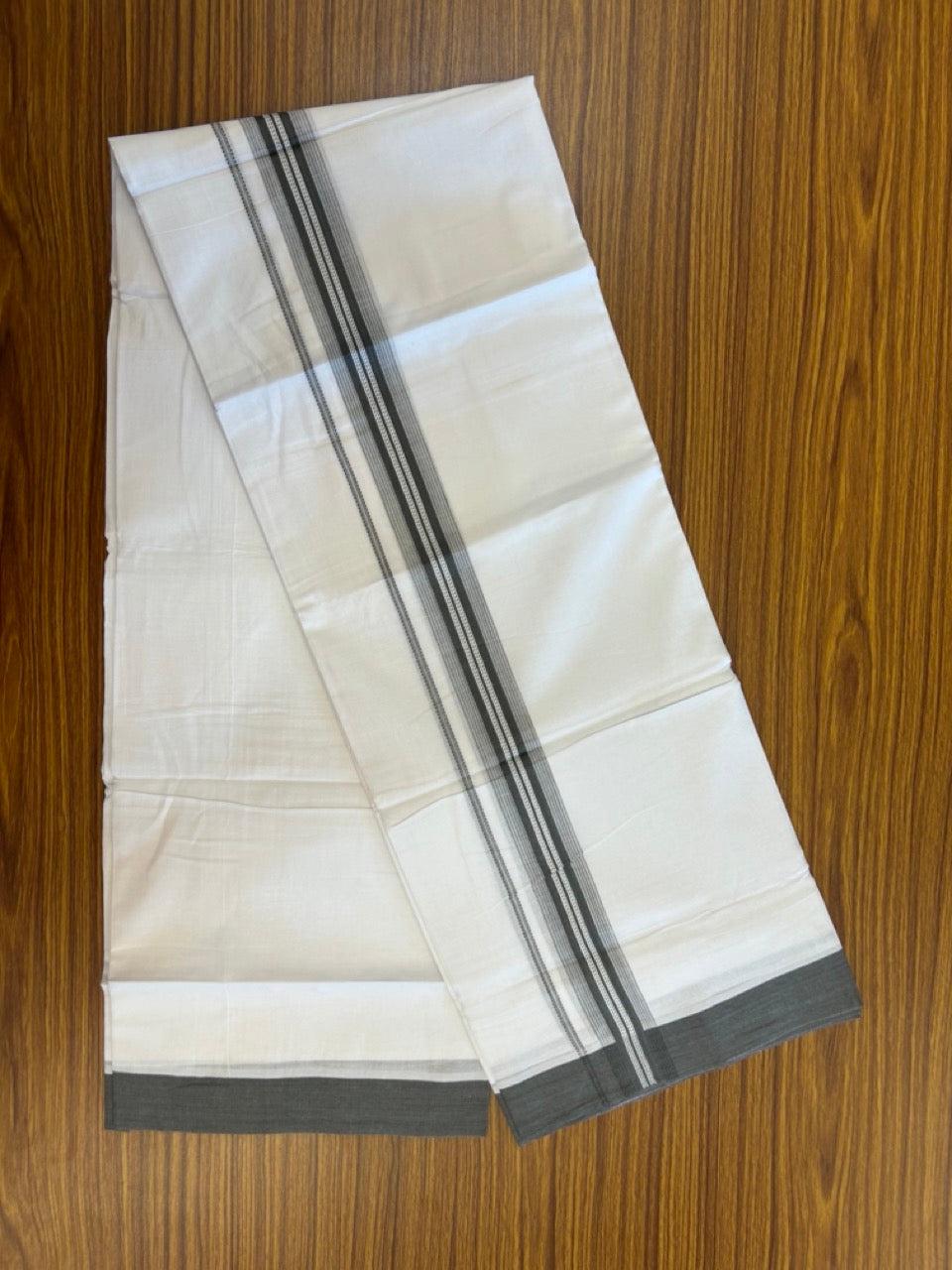 20% Discount ! Kaitharikada Balaramapuram 100% Cotton Pure White Double Mundu/Dothi - 100x80 - 1.5 inch Sage Grey Shaded Striped Kara 3.90 mtr (8 muzham) - 44 KK5285 VAS