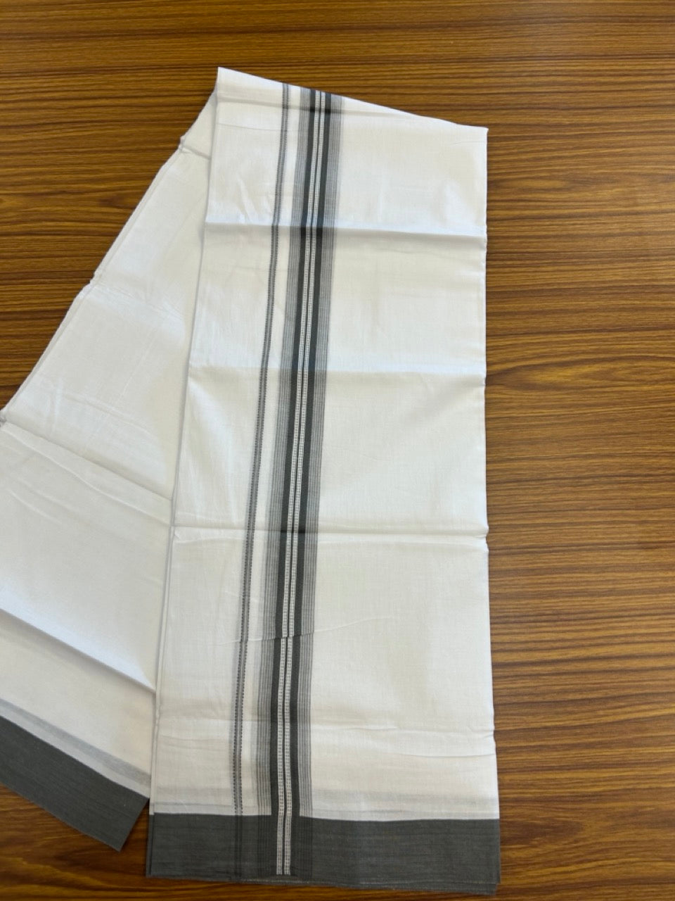 20% Discount ! Kaitharikada Balaramapuram 100% Cotton Pure White Double Mundu/Dothi - 100x80 - 1.5 inch Sage Grey Shaded Striped Kara 3.90 mtr (8 muzham) - 44 KK5285 VAS