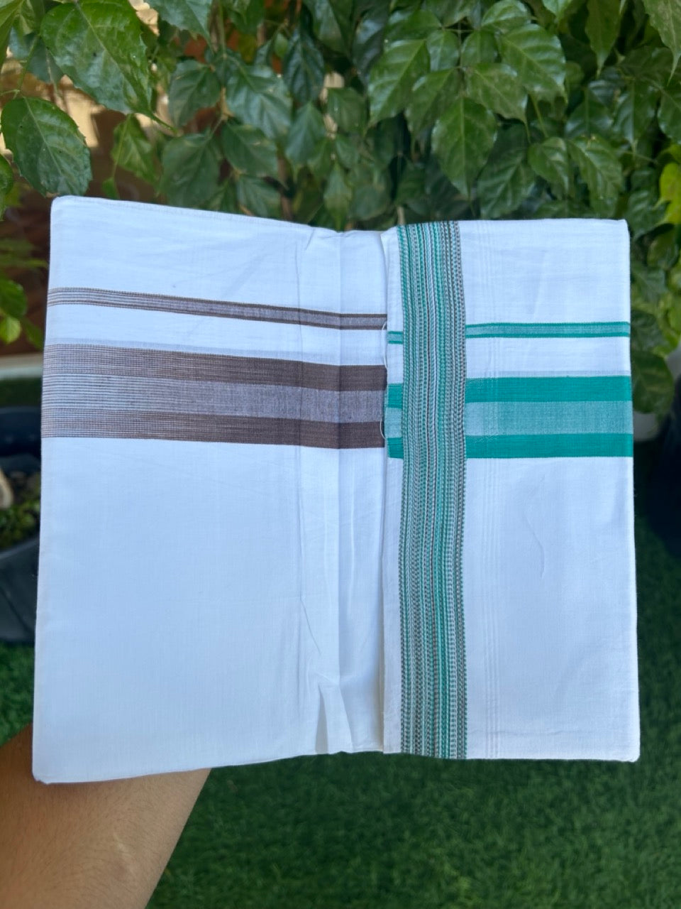 30% Discount!!! KaithariKada Balaramapuram Double PURE WHITE RAINBOW  Mundu/Dhoti - 100X80 - 1.5 inch Brown & Dark Green Striped Designer Kara - 49KK5139THI