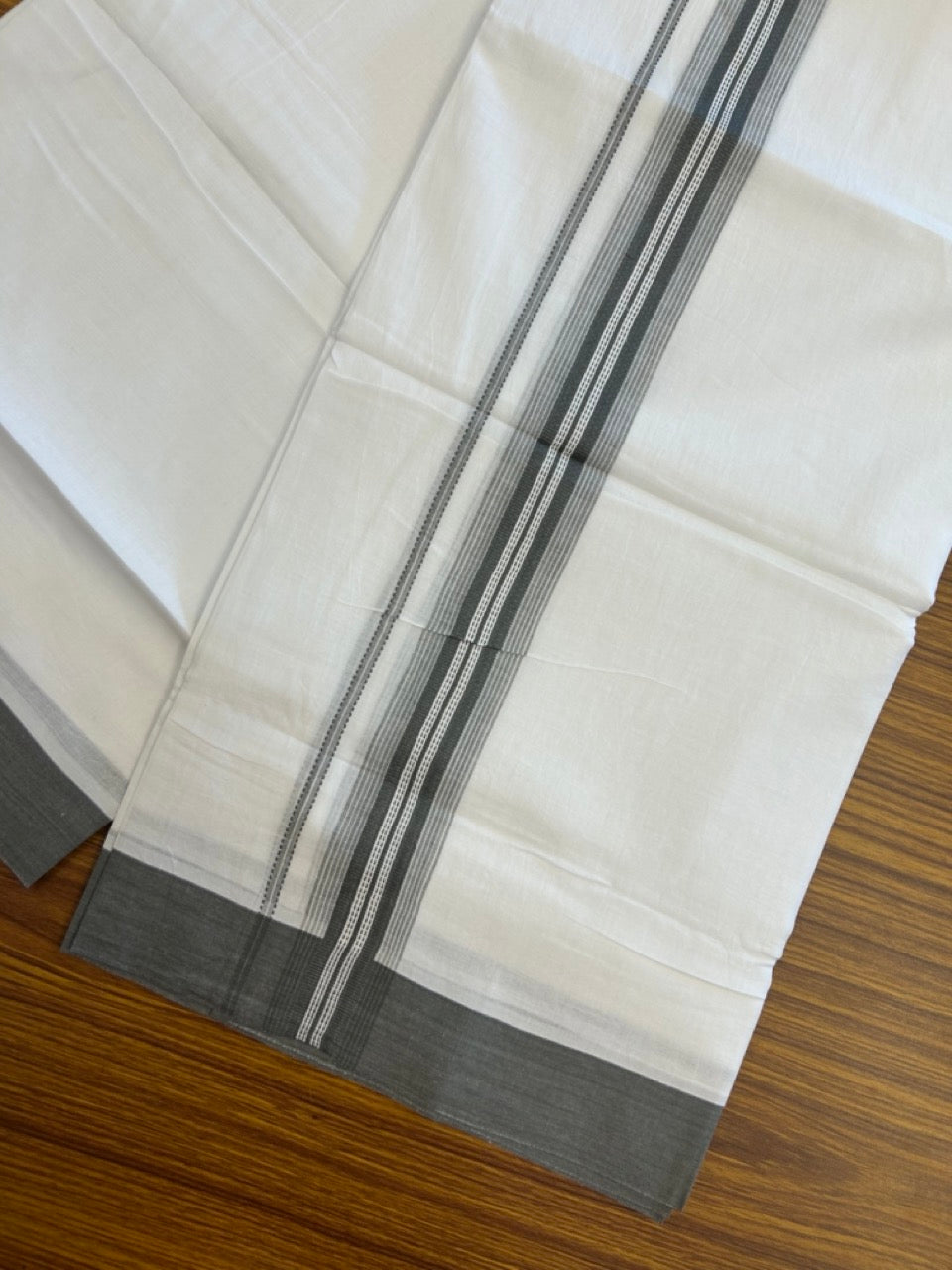 20% Discount ! Kaitharikada Balaramapuram 100% Cotton Pure White Double Mundu/Dothi - 100x80 - 1.5 inch Sage Grey Shaded Striped Kara 3.90 mtr (8 muzham) - 44 KK5285 VAS