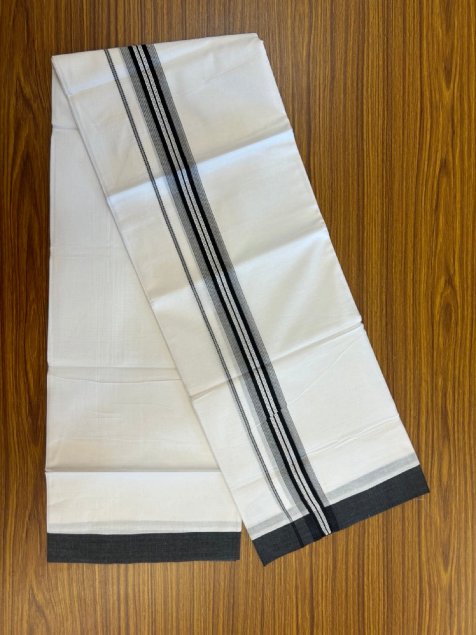 20% Discount ! Kaitharikada Balaramapuram 100% Cotton Pure White Double Mundu/Dothi - 100x80 - 1.5 inch Black Shaded Striped Kara 3.90 mtr (8 muzham) - 45 KK5285 VAS