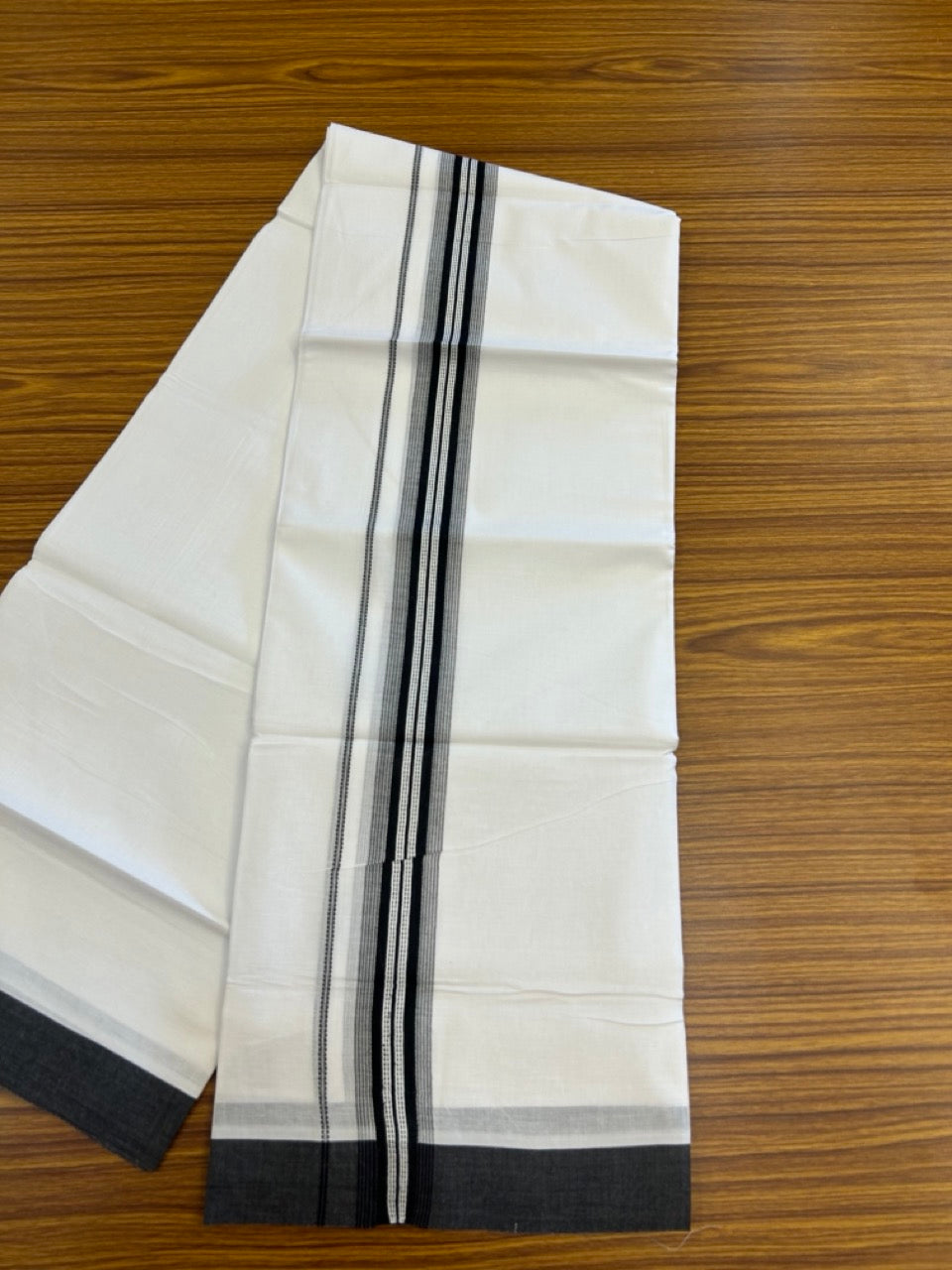 20% Discount ! Kaitharikada Balaramapuram 100% Cotton Pure White Double Mundu/Dothi - 100x80 - 1.5 inch Black Shaded Striped Kara 3.90 mtr (8 muzham) - 45 KK5285 VAS
