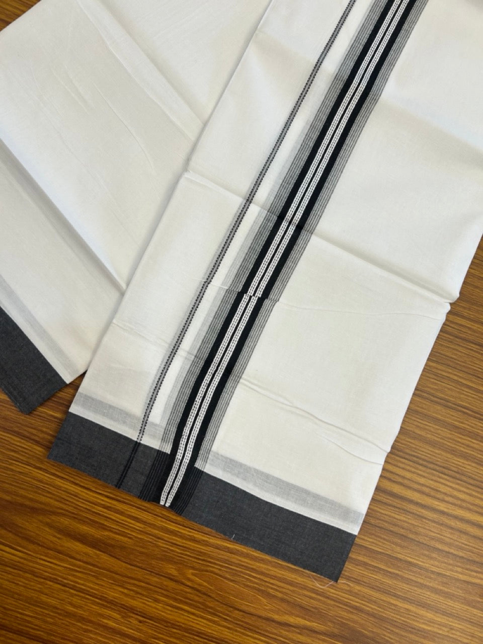 20% Discount ! Kaitharikada Balaramapuram 100% Cotton Pure White Double Mundu/Dothi - 100x80 - 1.5 inch Black Shaded Striped Kara 3.90 mtr (8 muzham) - 45 KK5285 VAS