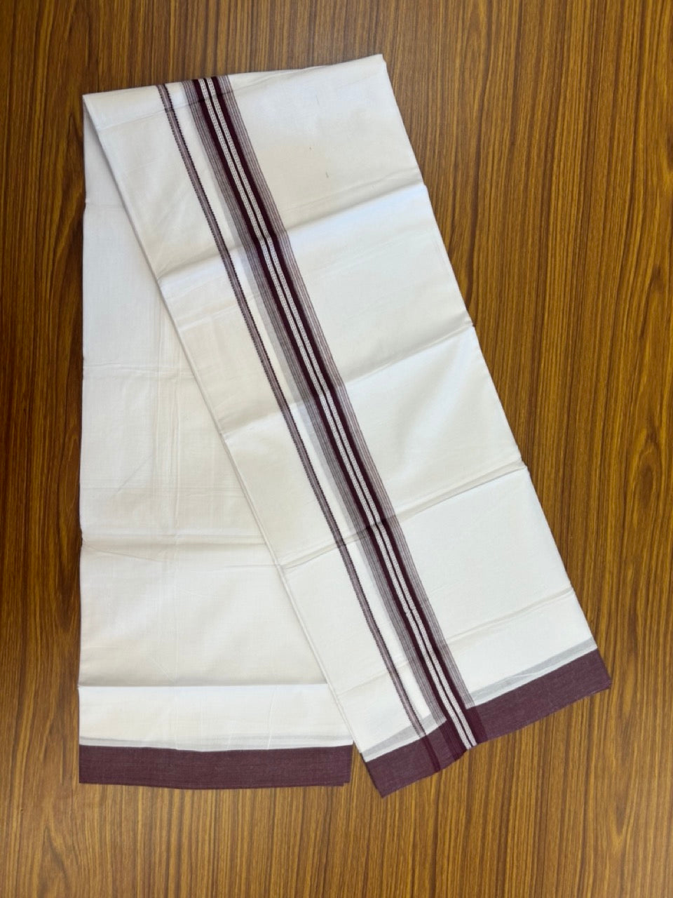 20% Discount ! Kaitharikada Balaramapuram 100% Cotton Pure White Double Mundu/Dothi - 100x80 - 1.5 inch Wine Shaded Striped Kara 3.90 mtr (8 muzham) - 46 KK5285 VAS