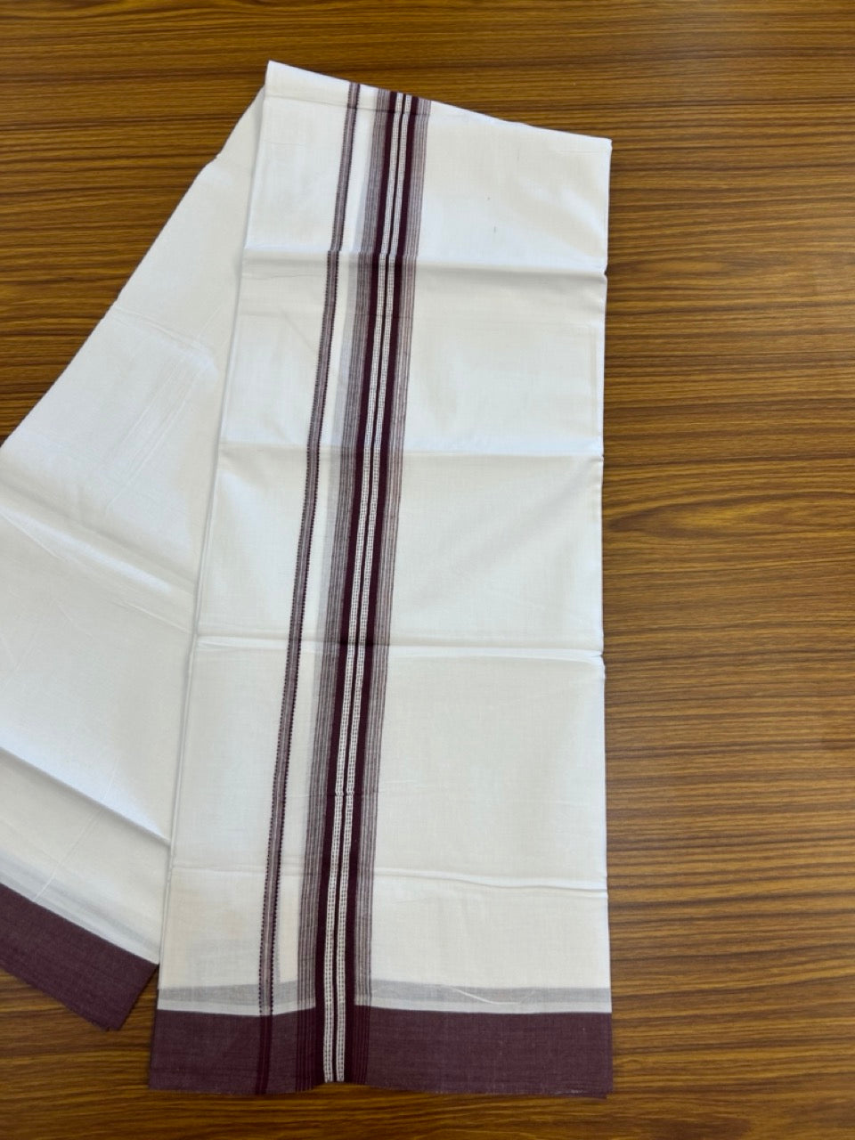 20% Discount ! Kaitharikada Balaramapuram 100% Cotton Pure White Double Mundu/Dothi - 100x80 - 1.5 inch Wine Shaded Striped Kara 3.90 mtr (8 muzham) - 46 KK5285 VAS