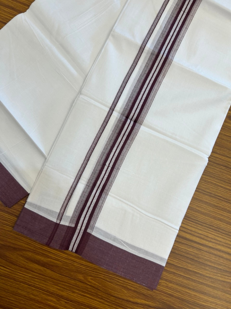 20% Discount ! Kaitharikada Balaramapuram 100% Cotton Pure White Double Mundu/Dothi - 100x80 - 1.5 inch Wine Shaded Striped Kara 3.90 mtr (8 muzham) - 46 KK5285 VAS