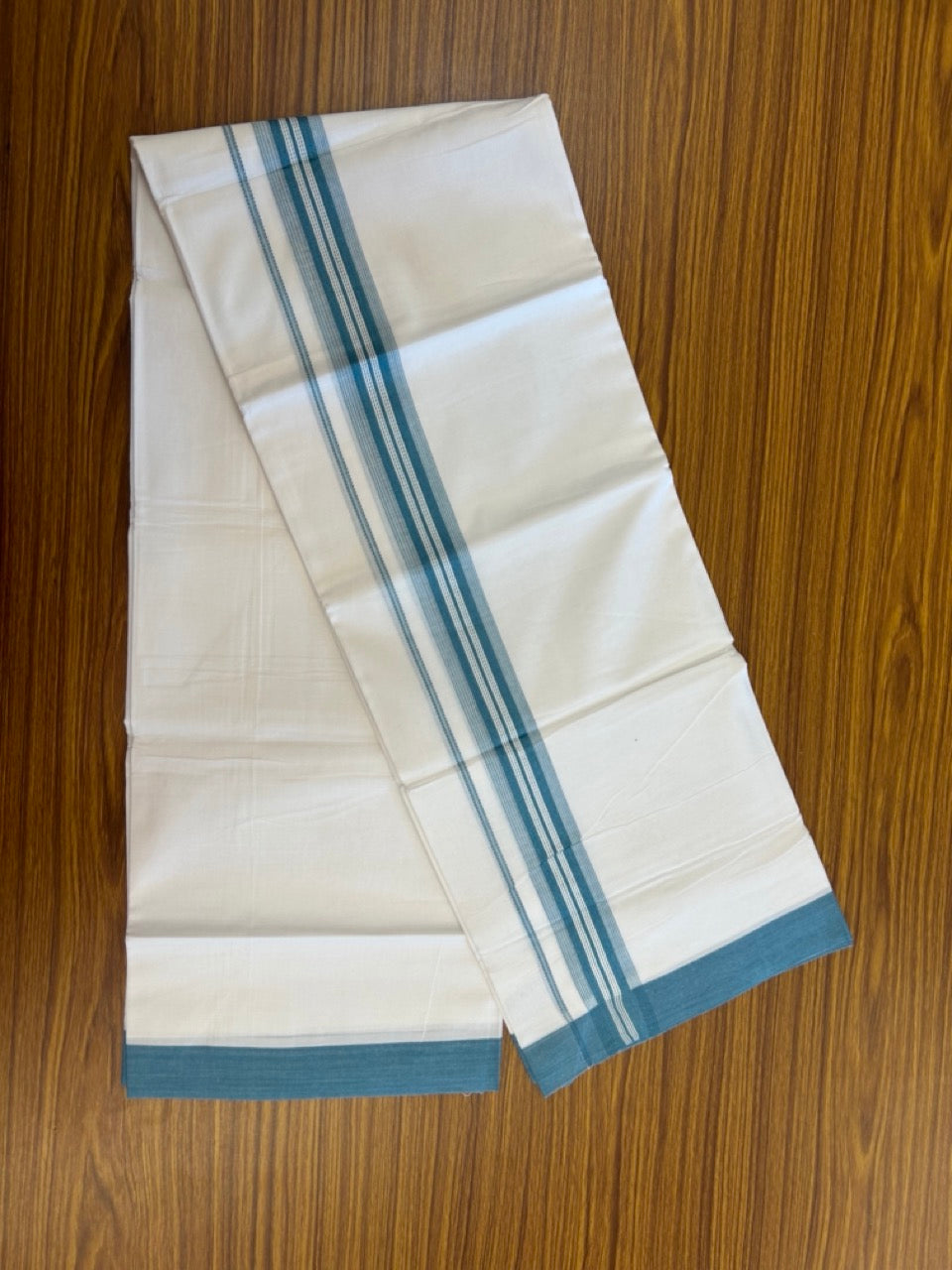 20% Discount ! Kaitharikada Balaramapuram 100% Cotton Pure White Double Mundu/Dothi - 100x80 - 1.5 inch Blue Shaded Striped Kara 3.90 mtr (8 muzham) - 47 KK5285 VAS