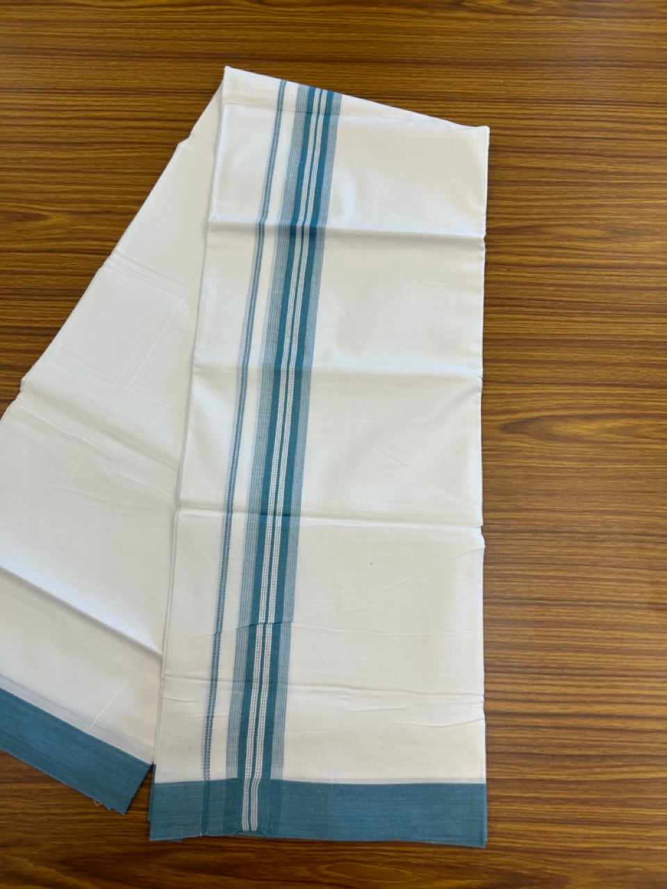 20% Discount ! Kaitharikada Balaramapuram 100% Cotton Pure White Double Mundu/Dothi - 100x80 - 1.5 inch Blue Shaded Striped Kara 3.90 mtr (8 muzham) - 47 KK5285 VAS