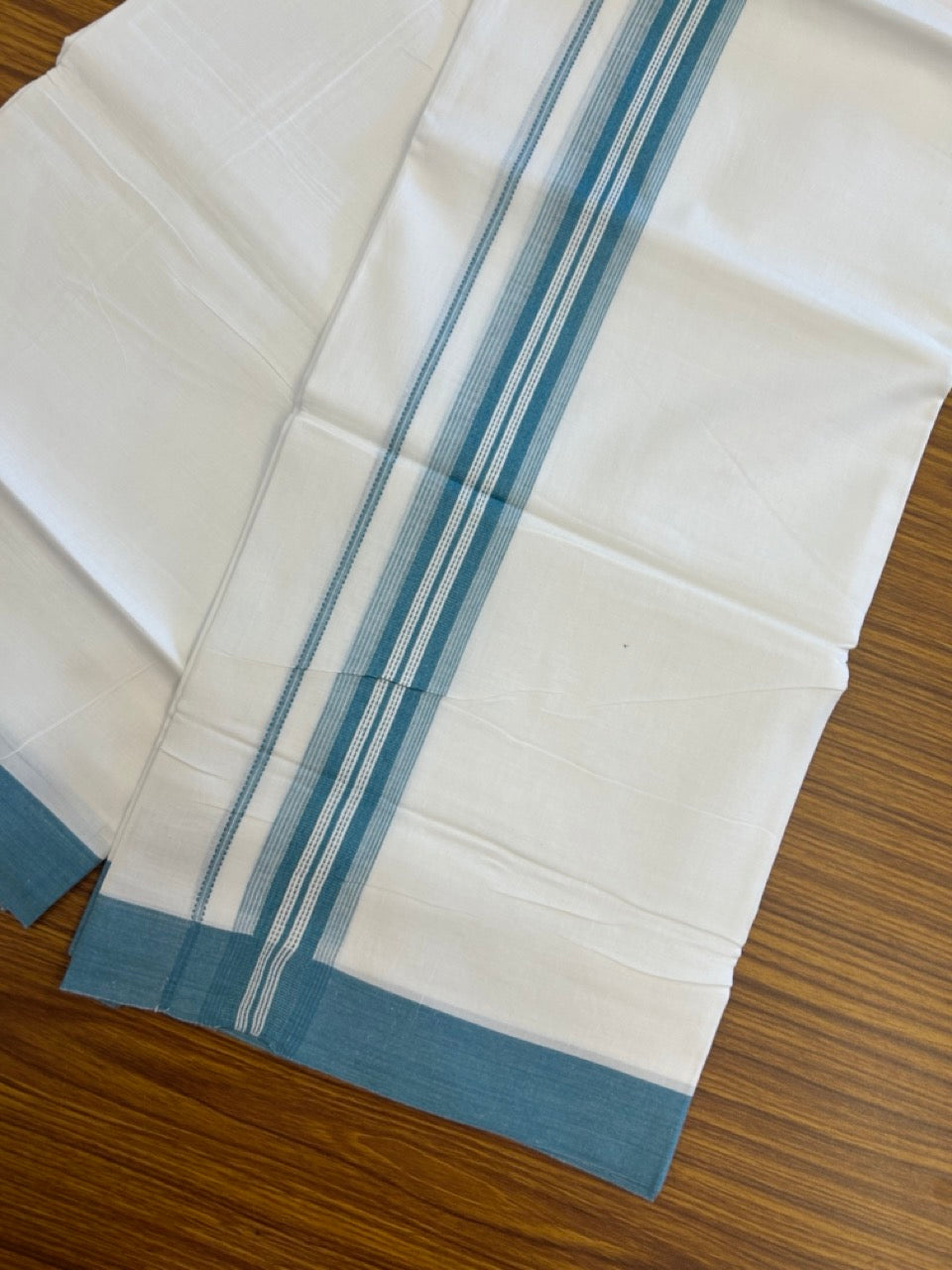 20% Discount ! Kaitharikada Balaramapuram 100% Cotton Pure White Double Mundu/Dothi - 100x80 - 1.5 inch Blue Shaded Striped Kara 3.90 mtr (8 muzham) - 47 KK5285 VAS