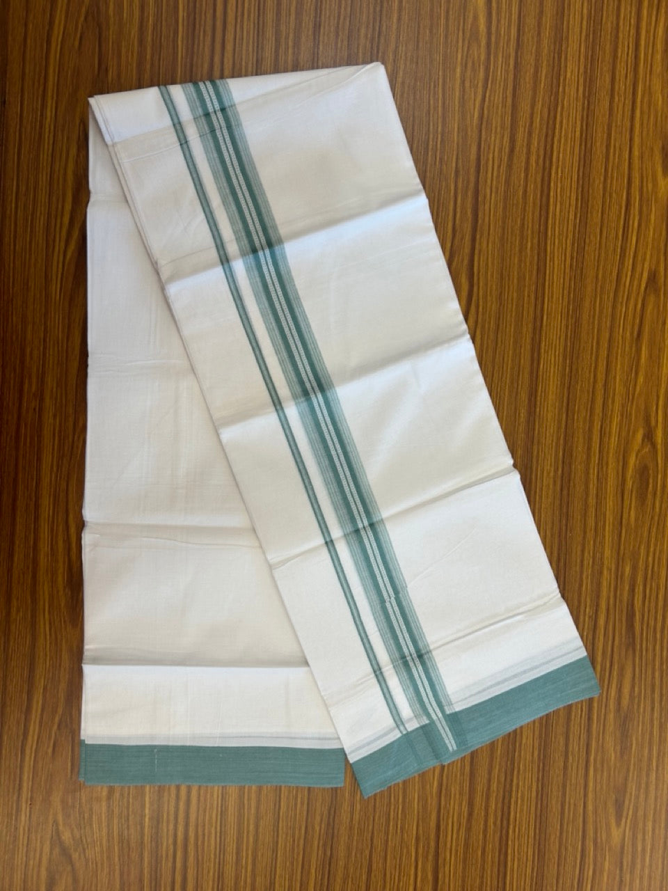 20% Discount ! Kaitharikada Balaramapuram 100% Cotton Pure White Double Mundu/Dothi - 100x80 - 1.5 inch Teal Green Shaded Striped Kara 3.90 mtr (8 muzham) - 48 KK5285 VAS