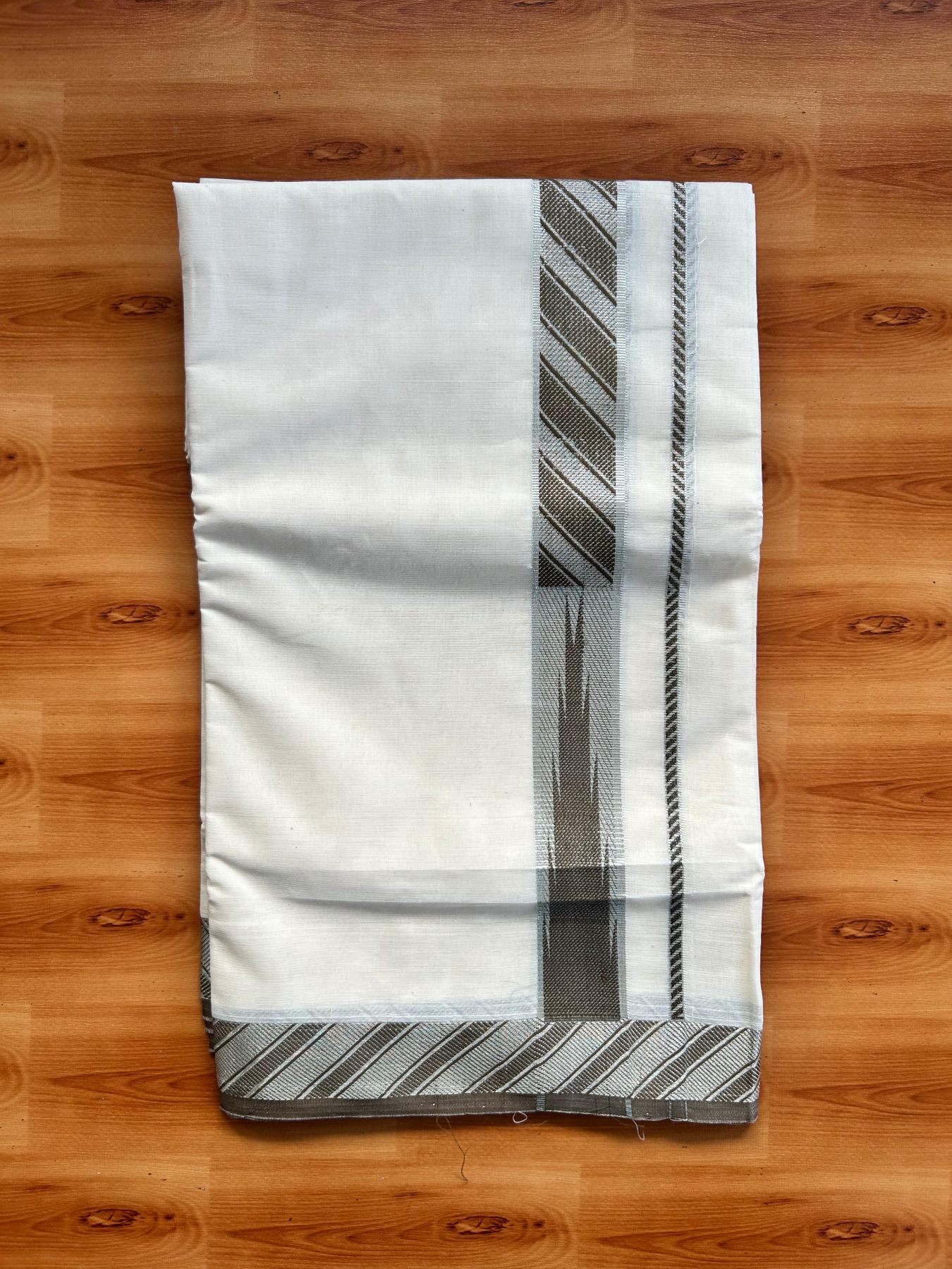 Off White (Unbleached) Double Mundu/Dhoti - 20% Discount ! KaithariKada 100% Pure Cotton - 100x80 - 1.5 inch Silver Kasav & Olive Brown Jacquard Design Chutty kara 4 mtr (8.5 Muzham) - 10 KK5494 PMC