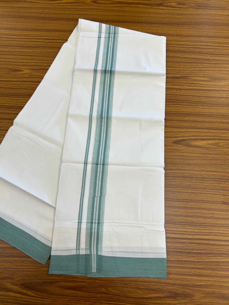 20% Discount ! Kaitharikada Balaramapuram 100% Cotton Pure White Double Mundu/Dothi - 100x80 - 1.5 inch Teal Green Shaded Striped Kara 3.90 mtr (8 muzham) - 48 KK5285 VAS