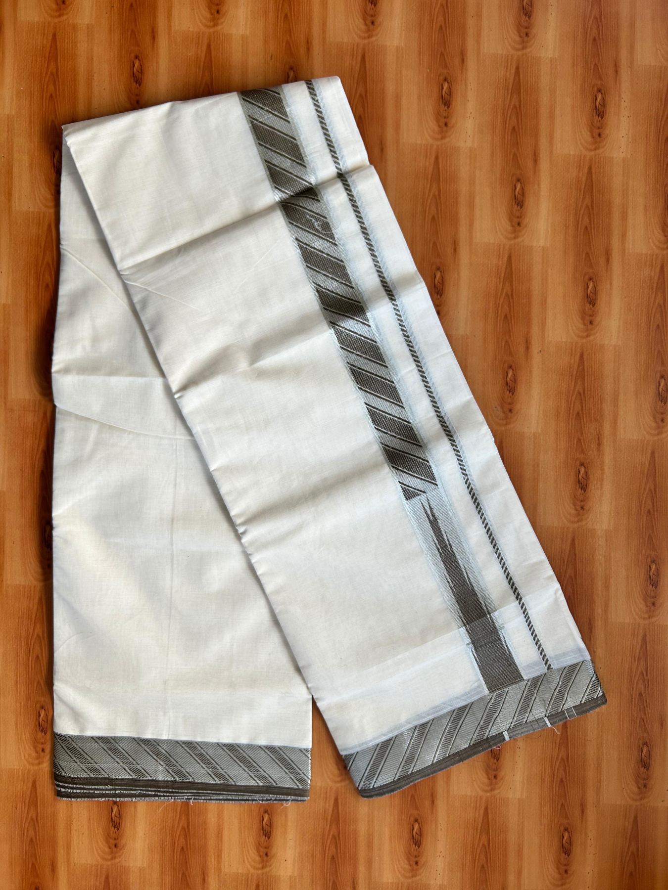 Off White (Unbleached) Double Mundu/Dhoti - 20% Discount ! KaithariKada 100% Pure Cotton - 100x80 - 1.5 inch Silver Kasav & Olive Brown Jacquard Design Chutty kara 4 mtr (8.5 Muzham) - 10 KK5494 PMC