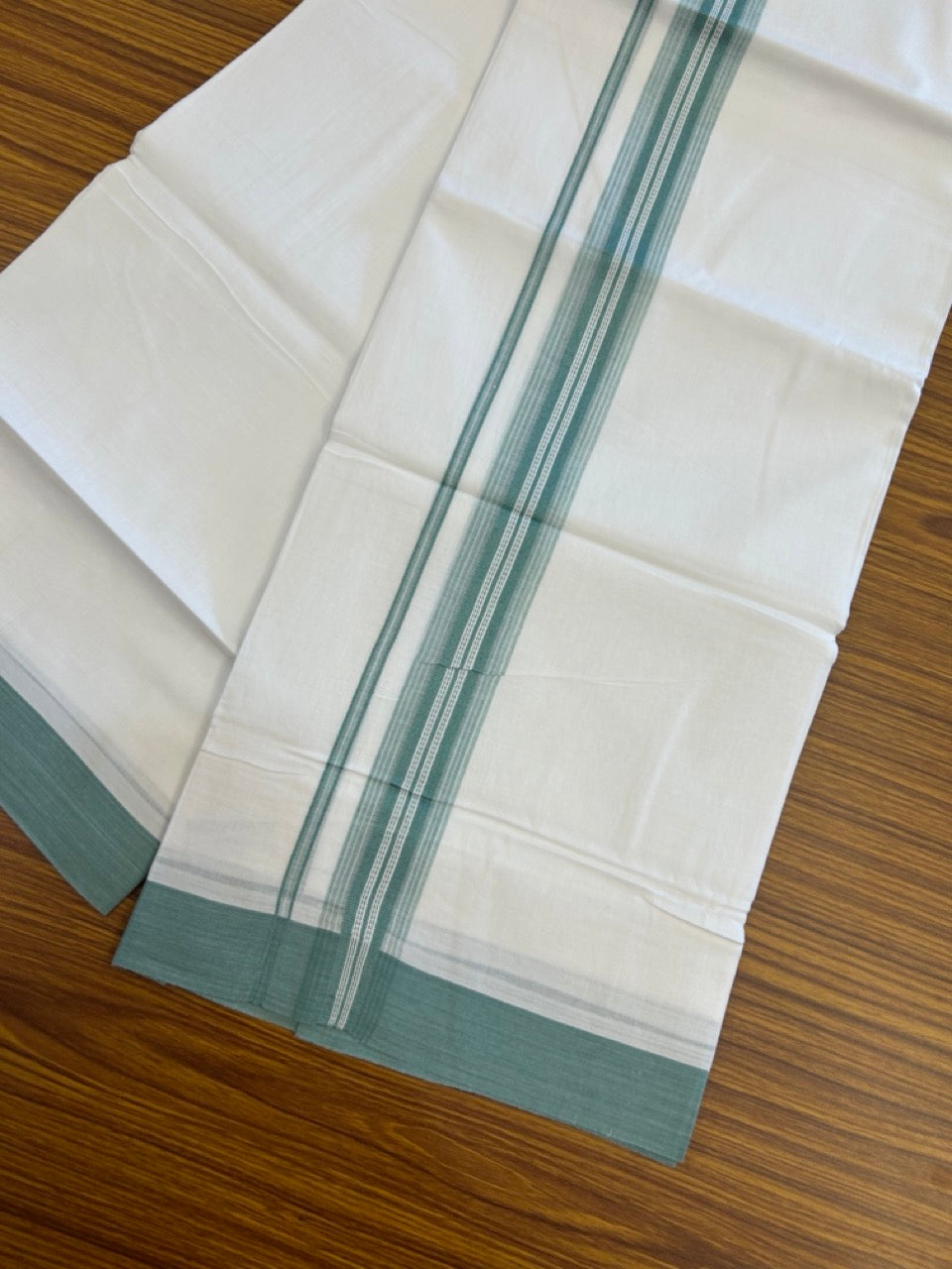 20% Discount ! Kaitharikada Balaramapuram 100% Cotton Pure White Double Mundu/Dothi - 100x80 - 1.5 inch Teal Green Shaded Striped Kara 3.90 mtr (8 muzham) - 48 KK5285 VAS