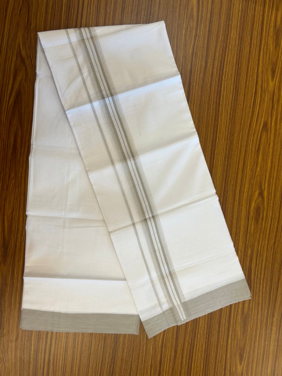 20% Discount ! Kaitharikada Balaramapuram 100% Cotton Pure White Double Mundu/Dothi - 100x80 - 1.5 inch Cream Shaded Striped Kara 3.90 mtr (8 muzham) - 49 KK5285 VAS