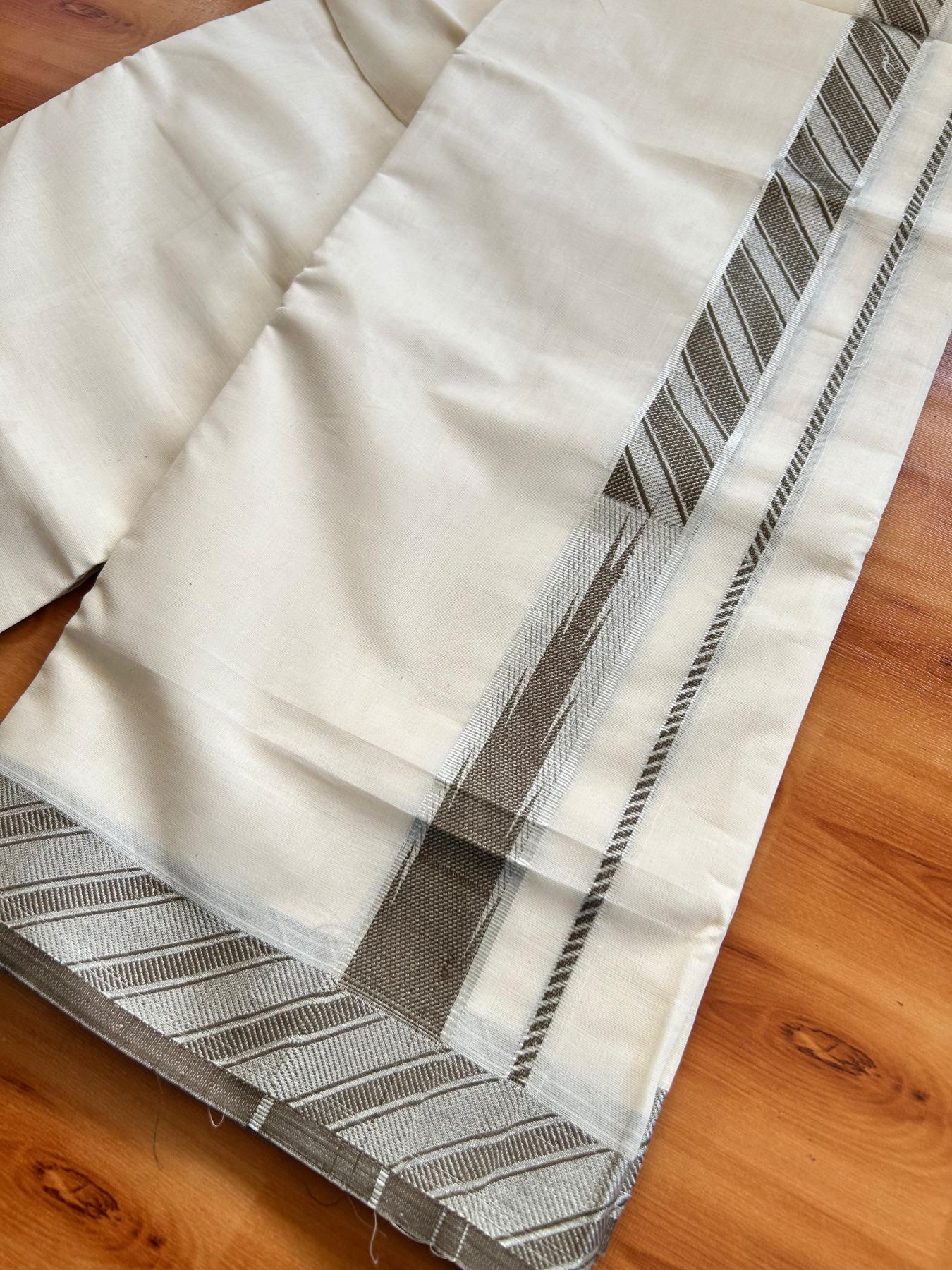 Off White (Unbleached) Double Mundu/Dhoti - 20% Discount ! KaithariKada 100% Pure Cotton - 100x80 - 1.5 inch Silver Kasav & Olive Brown Jacquard Design Chutty kara 4 mtr (8.5 Muzham) - 10 KK5494 PMC