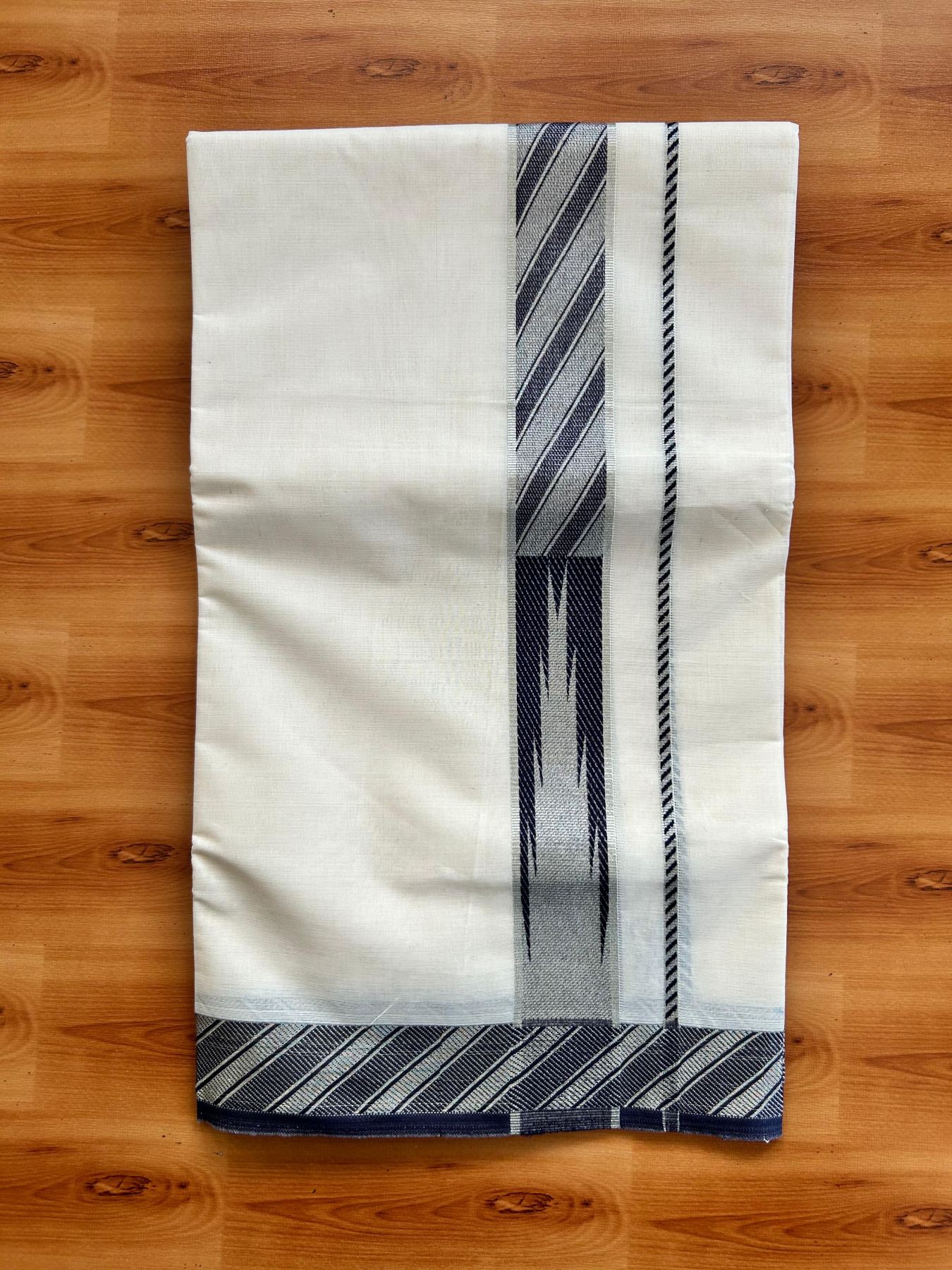 Off White (Unbleached) Double Mundu/Dhoti - 20% Discount ! KaithariKada 100% Pure Cotton - 100x80 - 1.5 inch Silver Kasav & Navy Blue Jacquard Design Chutty kara 4 mtr (8.5 Muzham) - 11 KK5494 PMC