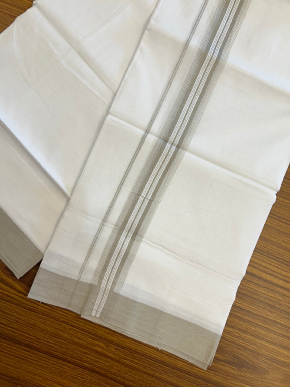 20% Discount ! Kaitharikada Balaramapuram 100% Cotton Pure White Double Mundu/Dothi - 100x80 - 1.5 inch Cream Shaded Striped Kara 3.90 mtr (8 muzham) - 49 KK5285 VAS