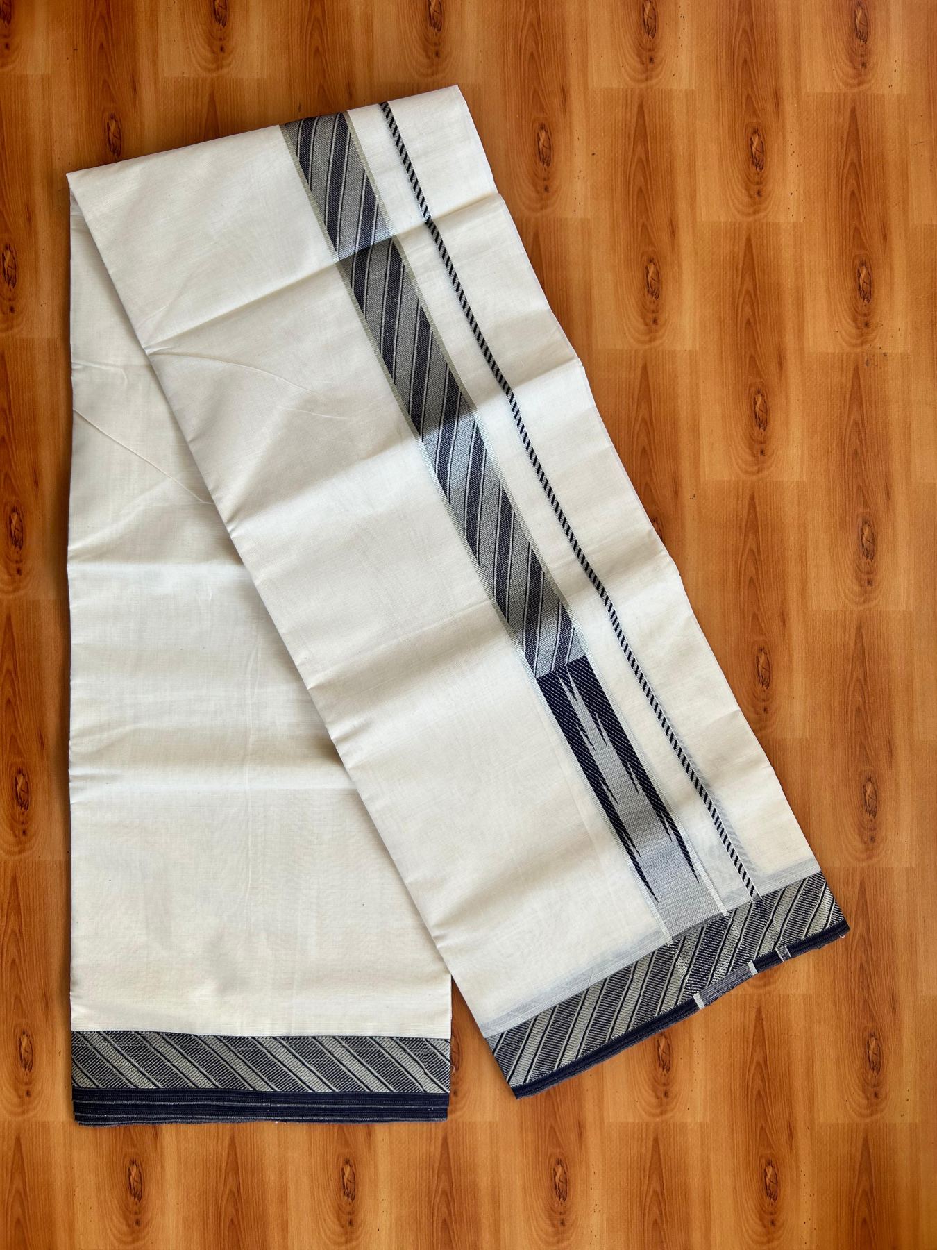 Off White (Unbleached) Double Mundu/Dhoti - 20% Discount ! KaithariKada 100% Pure Cotton - 100x80 - 1.5 inch Silver Kasav & Navy Blue Jacquard Design Chutty kara 4 mtr (8.5 Muzham) - 11 KK5494 PMC