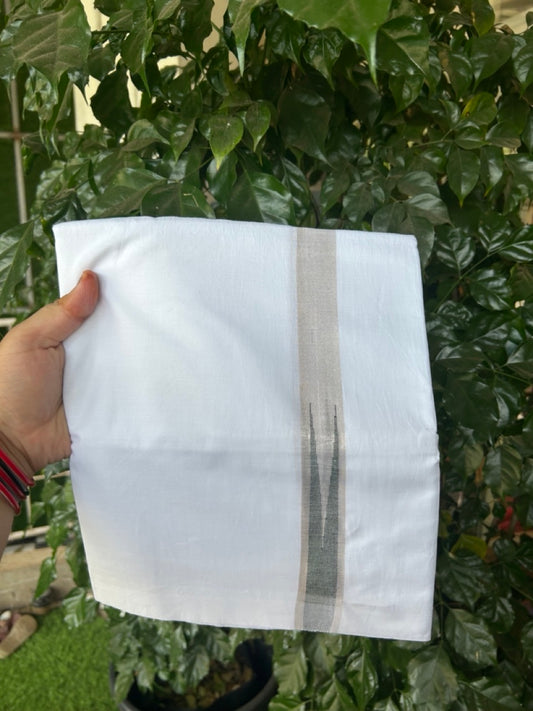 20% Discount ! Kaitharikada Balaramapuram 100% Cotton Pure White Double Mundu/Dothi - 100x80 - 1 inch Puliyilakkara Silver Kasav & Dark Green Chutty Kara  3.90 mtr (8 muzham) - 106 KK5285  VAS