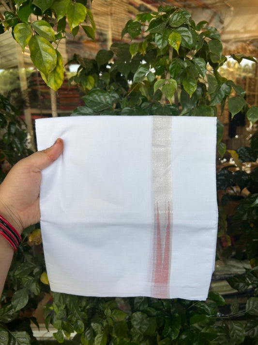 20% Discount ! Kaitharikada Balaramapuram 100% Cotton Pure White Double Mundu/Dothi - 100x80 - 1 inch Puliyilakkara Silver Kasav & Peach Chutty Kara  3.90 mtr (8 muzham) - 102 KK5285  VAS