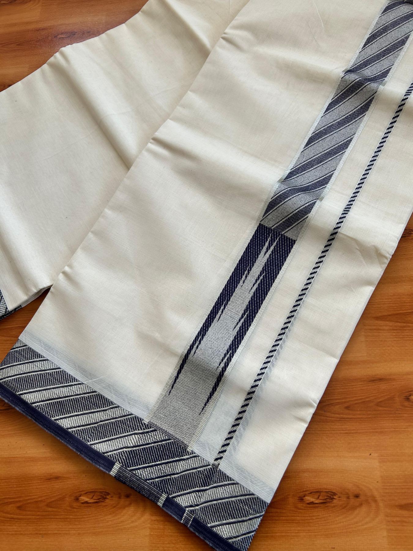Off White (Unbleached) Double Mundu/Dhoti - 20% Discount ! KaithariKada 100% Pure Cotton - 100x80 - 1.5 inch Silver Kasav & Navy Blue Jacquard Design Chutty kara 4 mtr (8.5 Muzham) - 11 KK5494 PMC