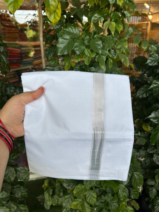 20% Discount ! Kaitharikada Balaramapuram 100% Cotton Pure White Double Mundu/Dothi - 100x80 - 1 inch Puliyilakkara Silver Kasav & Green Chutty Kara  3.90 mtr (8 muzham) - 101 KK5285  VAS