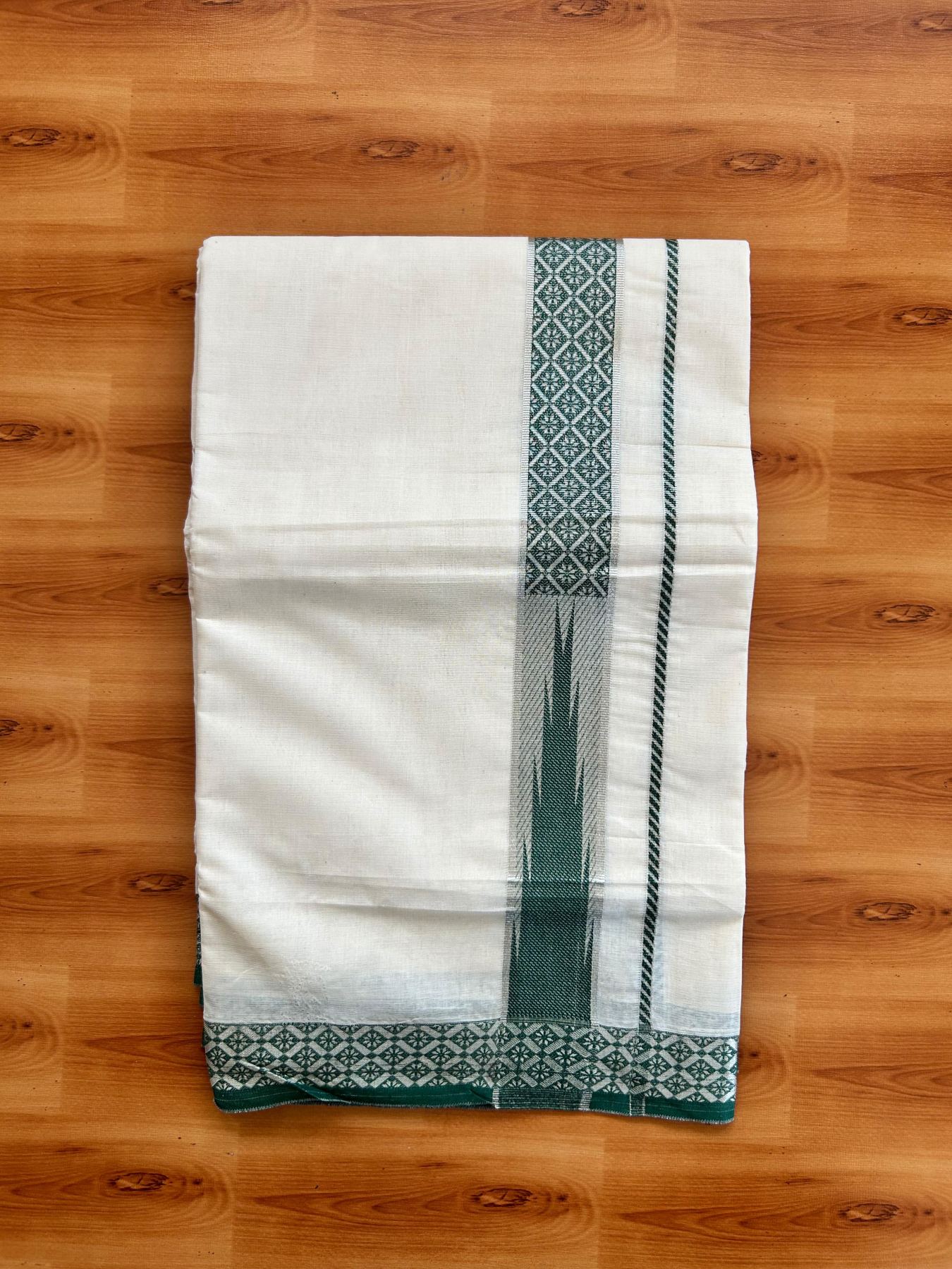 Off White (Unbleached) Double Mundu/Dhoti - 20% Discount ! KaithariKada 100% Pure Cotton - 100x80 - 1.5 inch Silver Kasav & Green Jacquard Design Chutty kara 4 mtr (8.5 Muzham) - 13 KK5494 PMC
