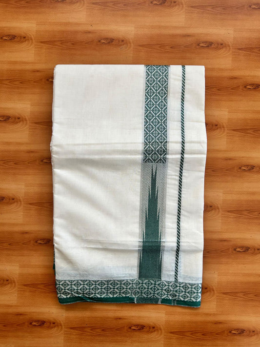 Off White (Unbleached) Double Mundu/Dhoti - 20% Discount ! KaithariKada 100% Pure Cotton - 100x80 - 1.5 inch Silver Kasav & Green Jacquard Design Chutty kara 4 mtr (8.5 Muzham) - 13 KK5494 PMC