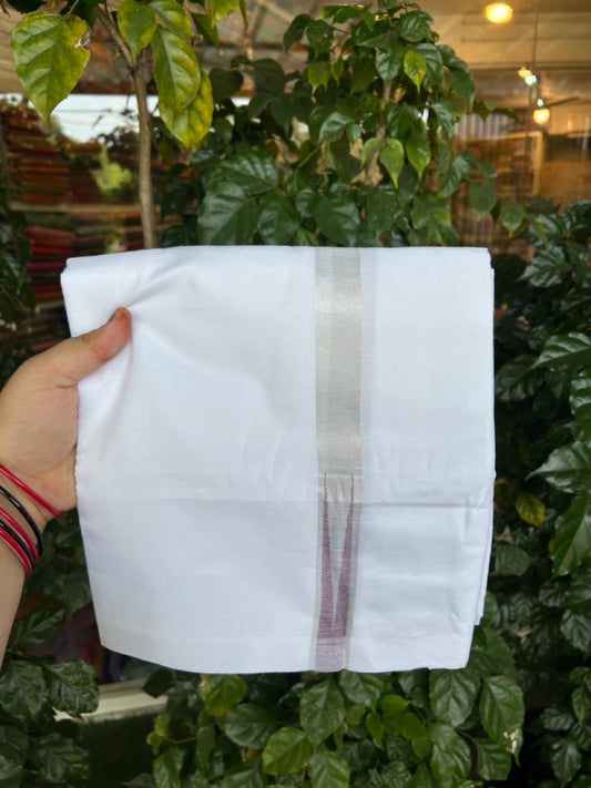 20% Discount ! Kaitharikada Balaramapuram 100% Cotton Pure White Double Mundu/Dothi - 100x80 - 1 inch Puliyilakkara Silver Kasav & Violet Chutty Kara  3.90 mtr (8 muzham) - 103 KK5285  VAS