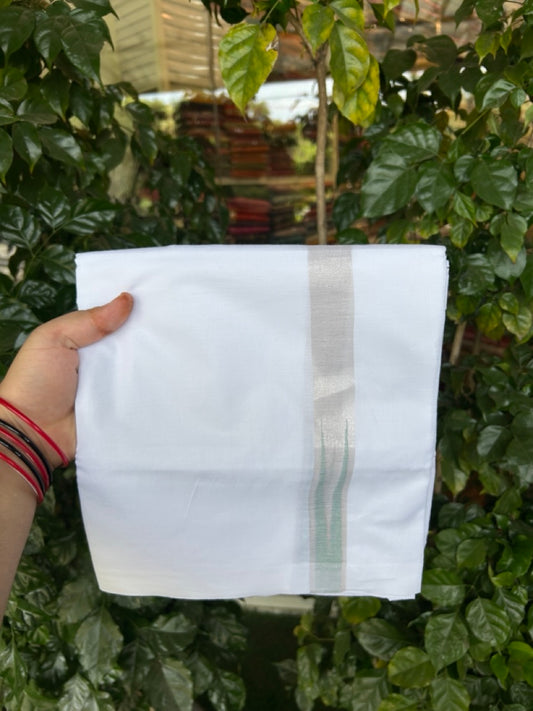 20% Discount ! Kaitharikada Balaramapuram 100% Cotton Pure White Double Mundu/Dothi - 100x80 - 1 inch Puliyilakkara Silver Kasav & Light Green Chutty Kara  3.90 mtr (8 muzham) - 99 KK5285  VAS